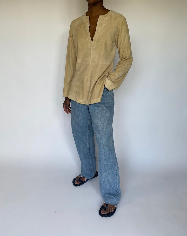 VINTAGE LIGHT BEIGE SUEDE LEATHER LONG SLEEVE TOP 2475