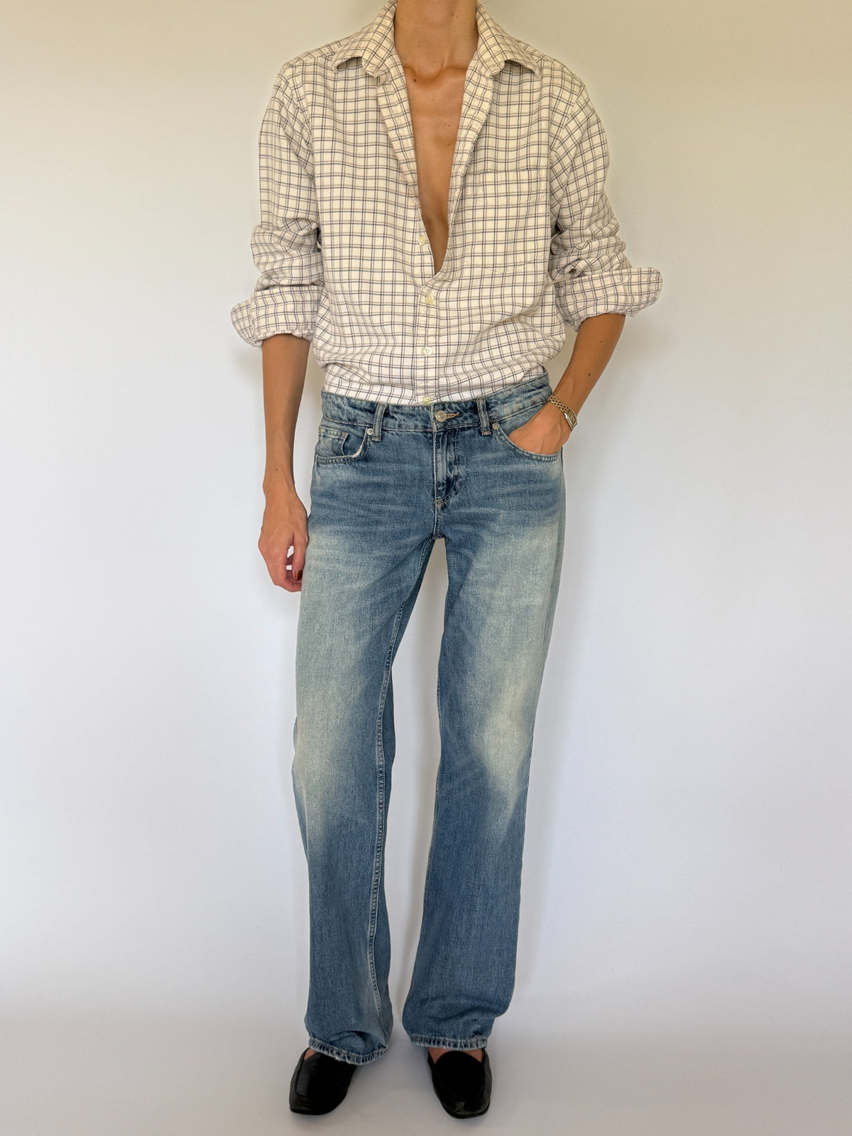 Vintage checked button-up shirt cream relaxed front view