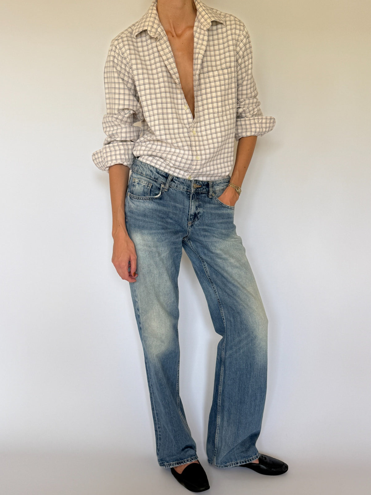 Vintage checked button-up shirt cream full front view