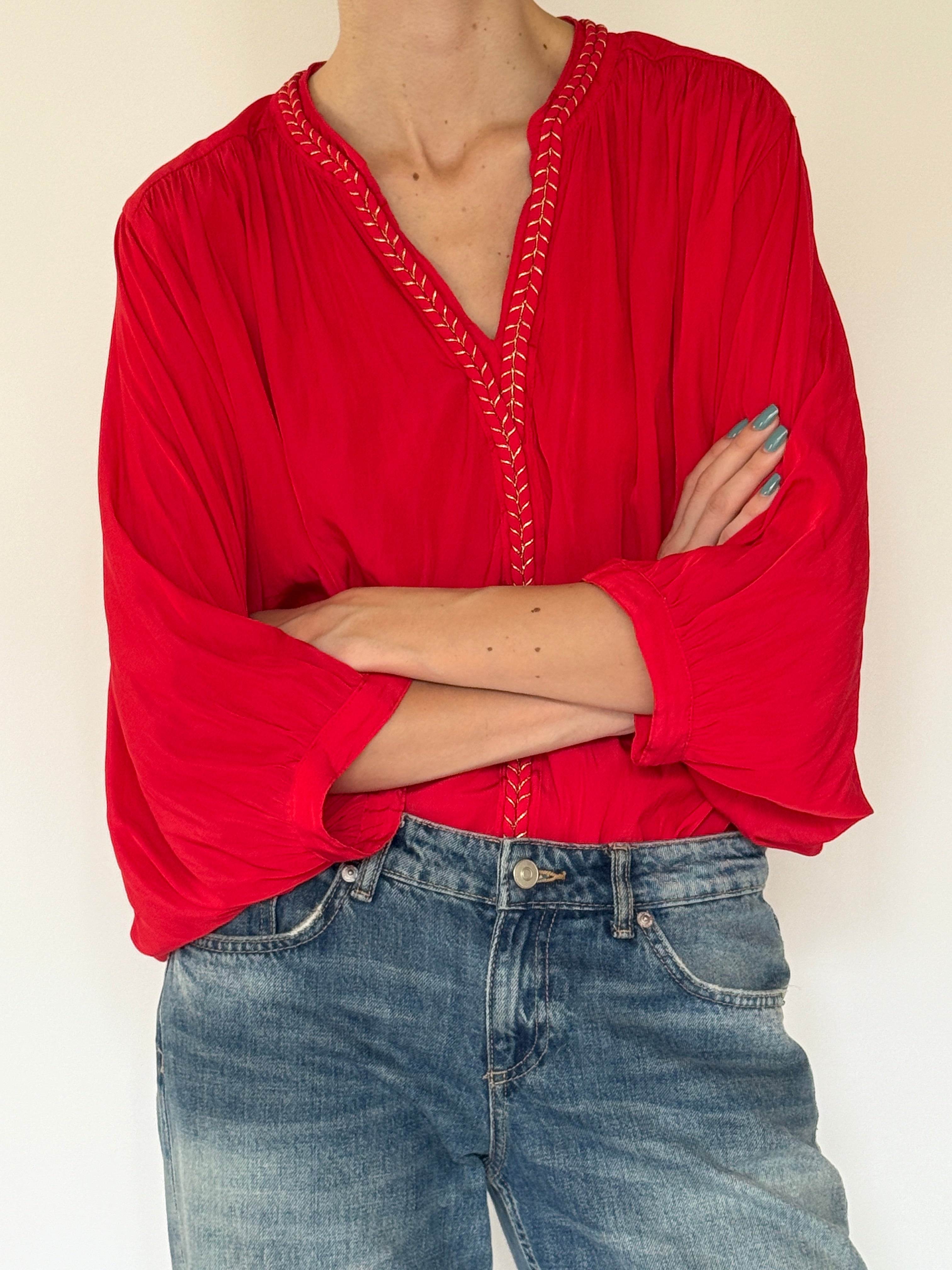 Vintage red braided trim blouse front view