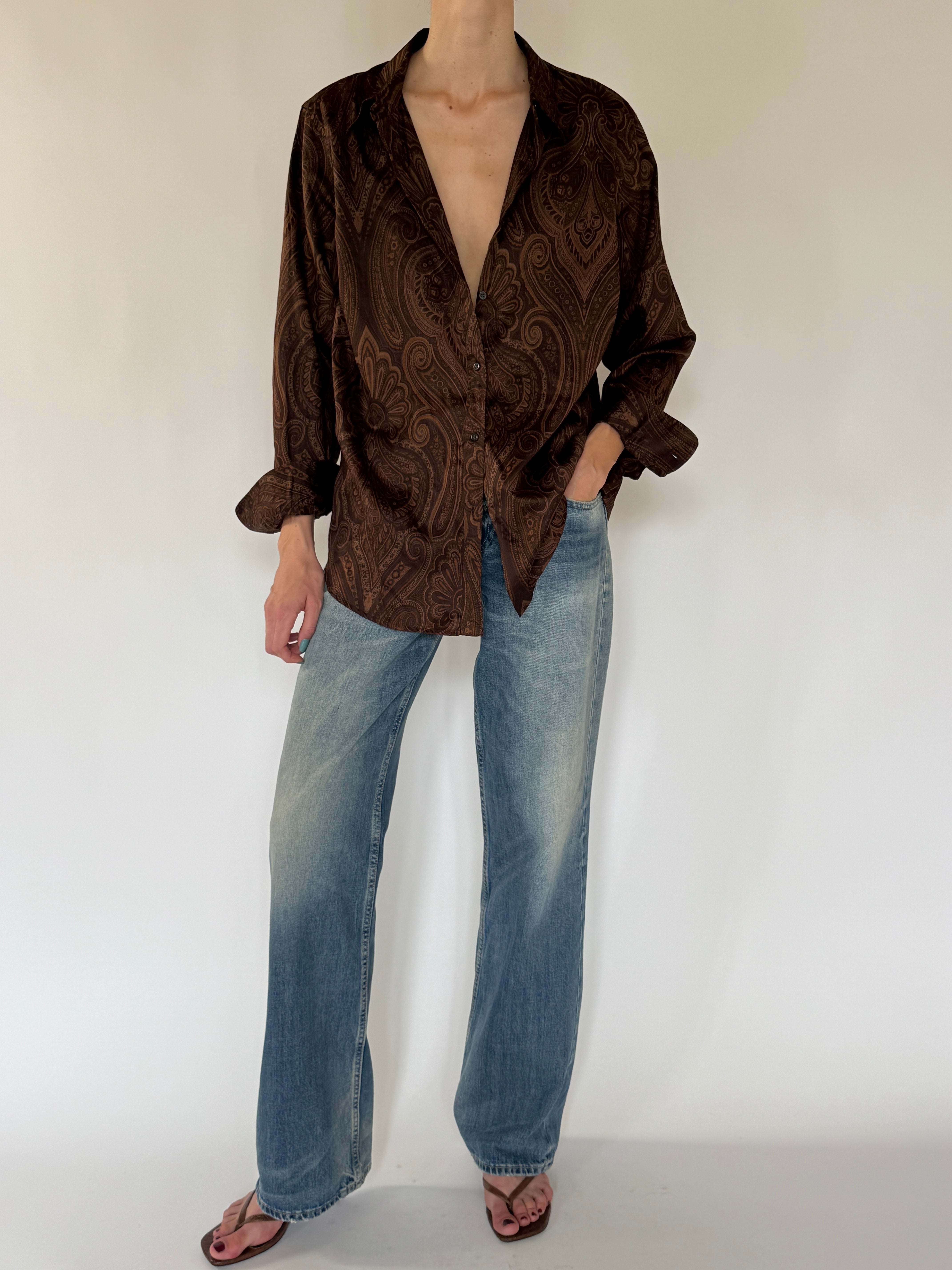 Vintage oversized paisley button-up shirt brown