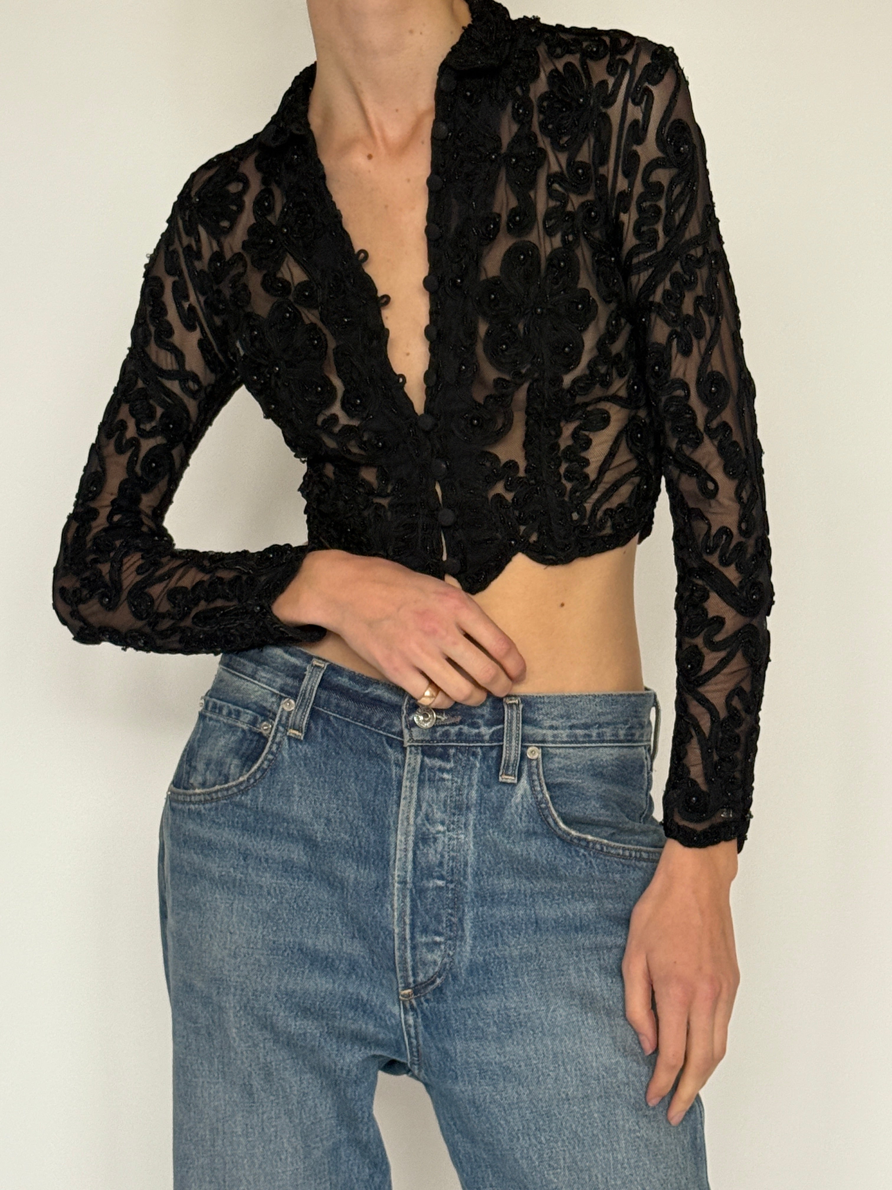 Vintage sheer embroidered long sleeve top black sleeve detail