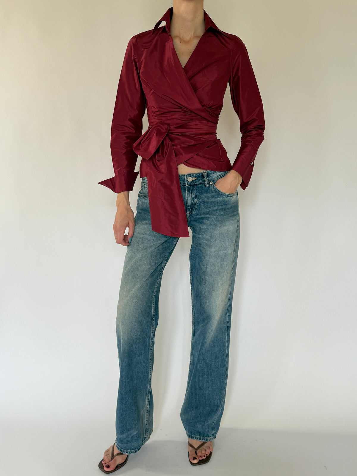 Vintage burgundy long sleeve wrap blouse full view