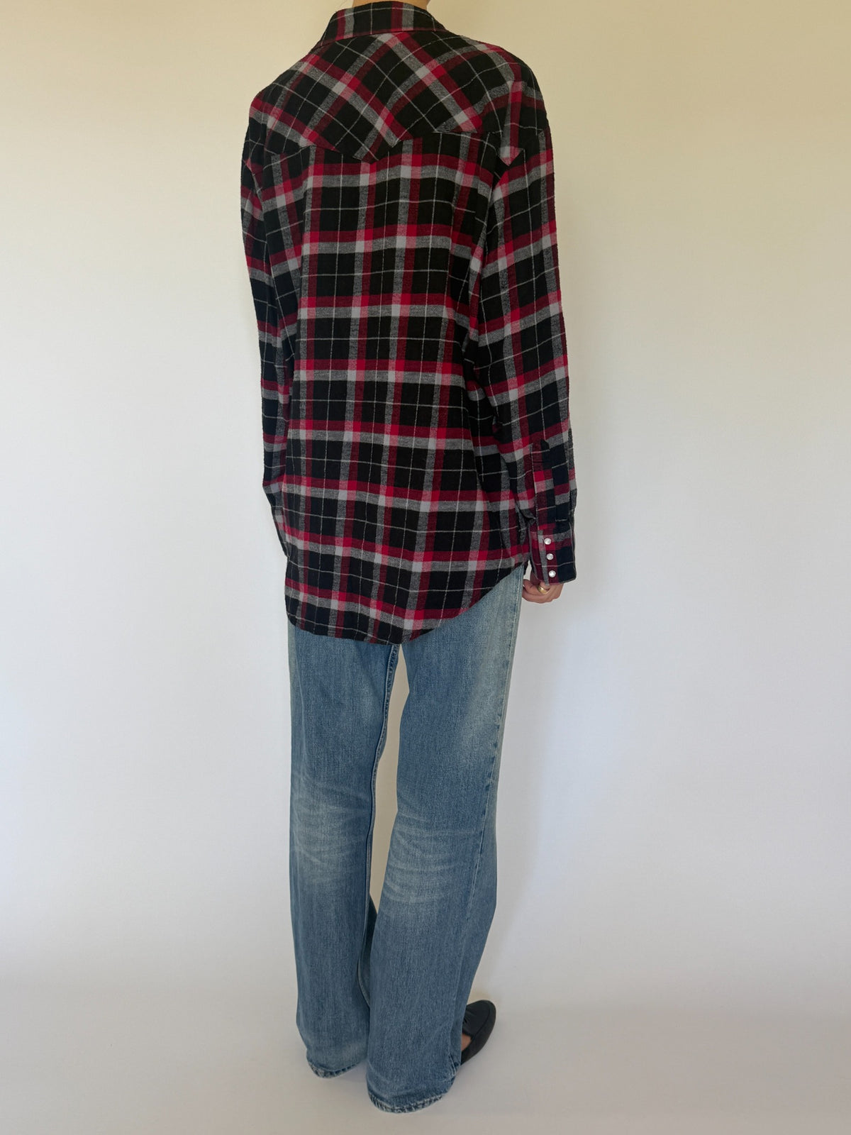 Vintage western plaid shirt black red and grey back view