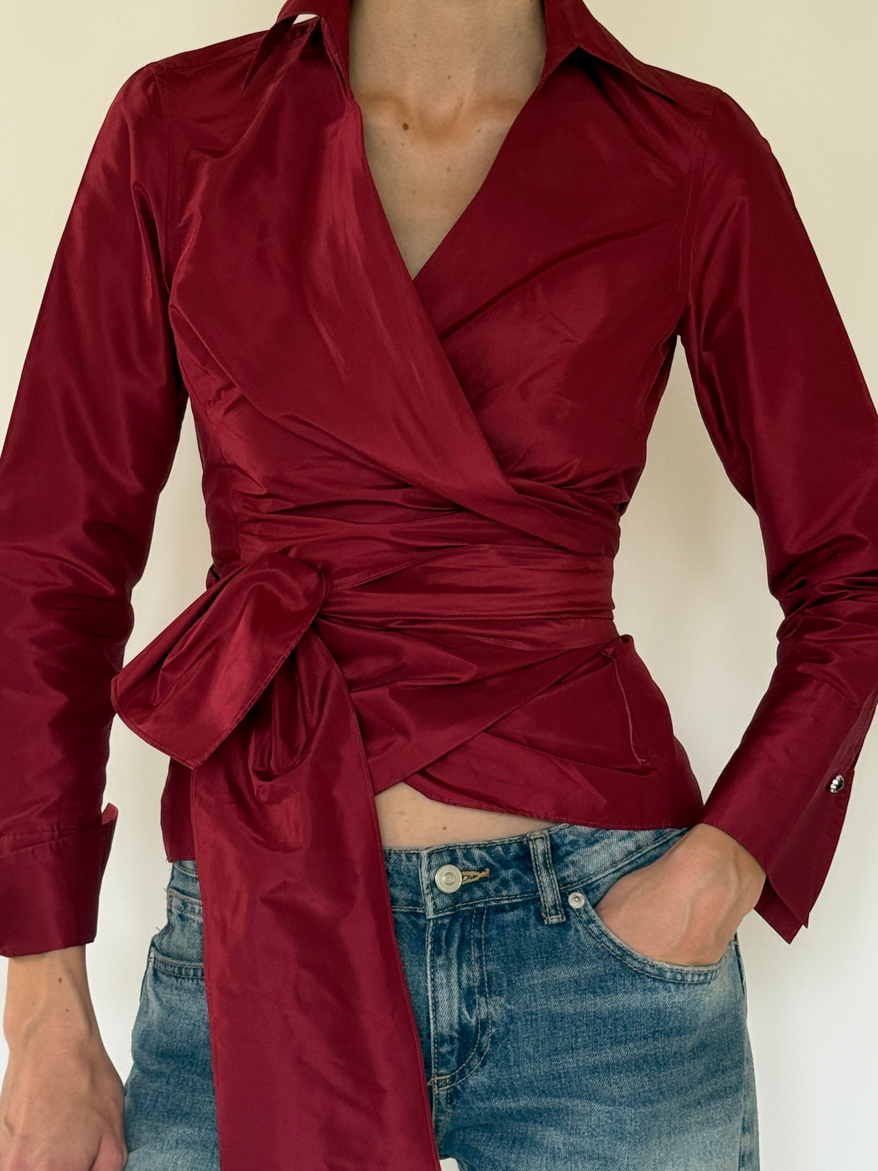 Vintage burgundy wrap blouse waist tie detail