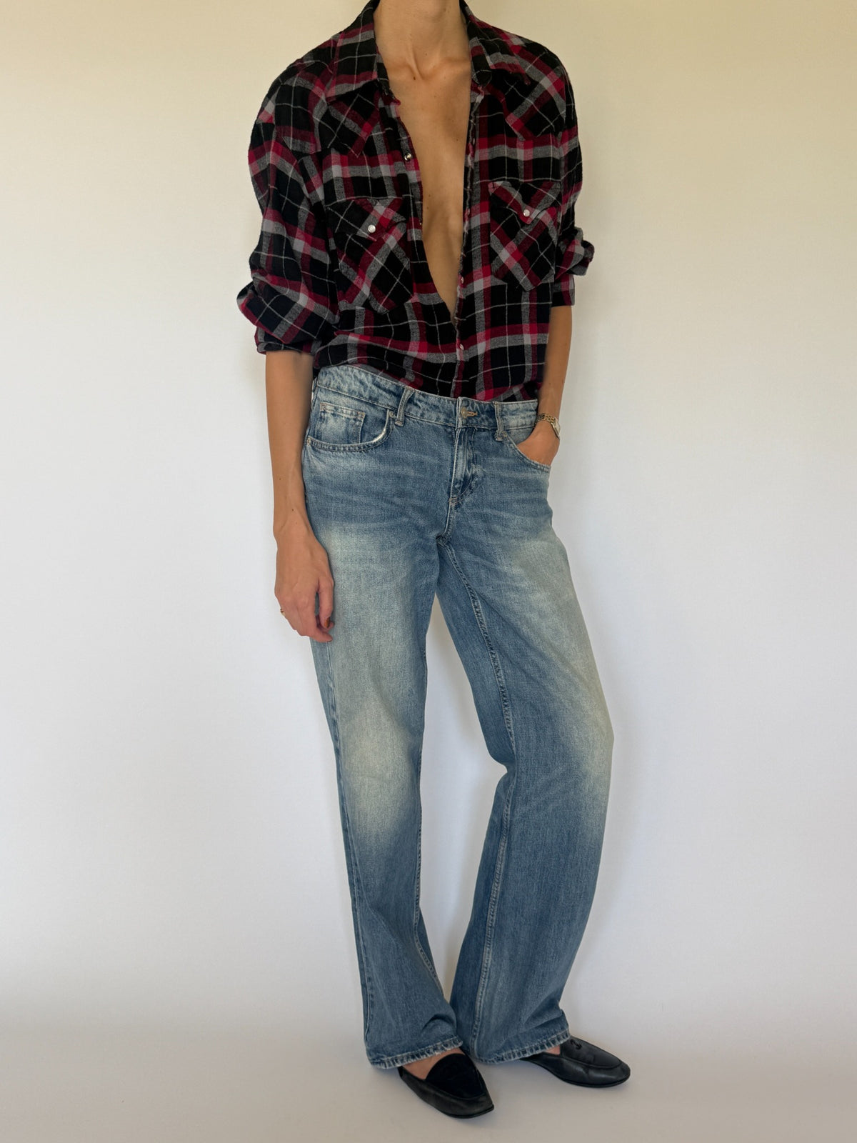 Vintage western plaid shirt black red and grey front view