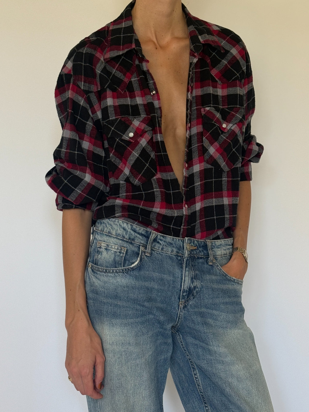 Vintage western plaid shirt black red and grey snap pocket detail