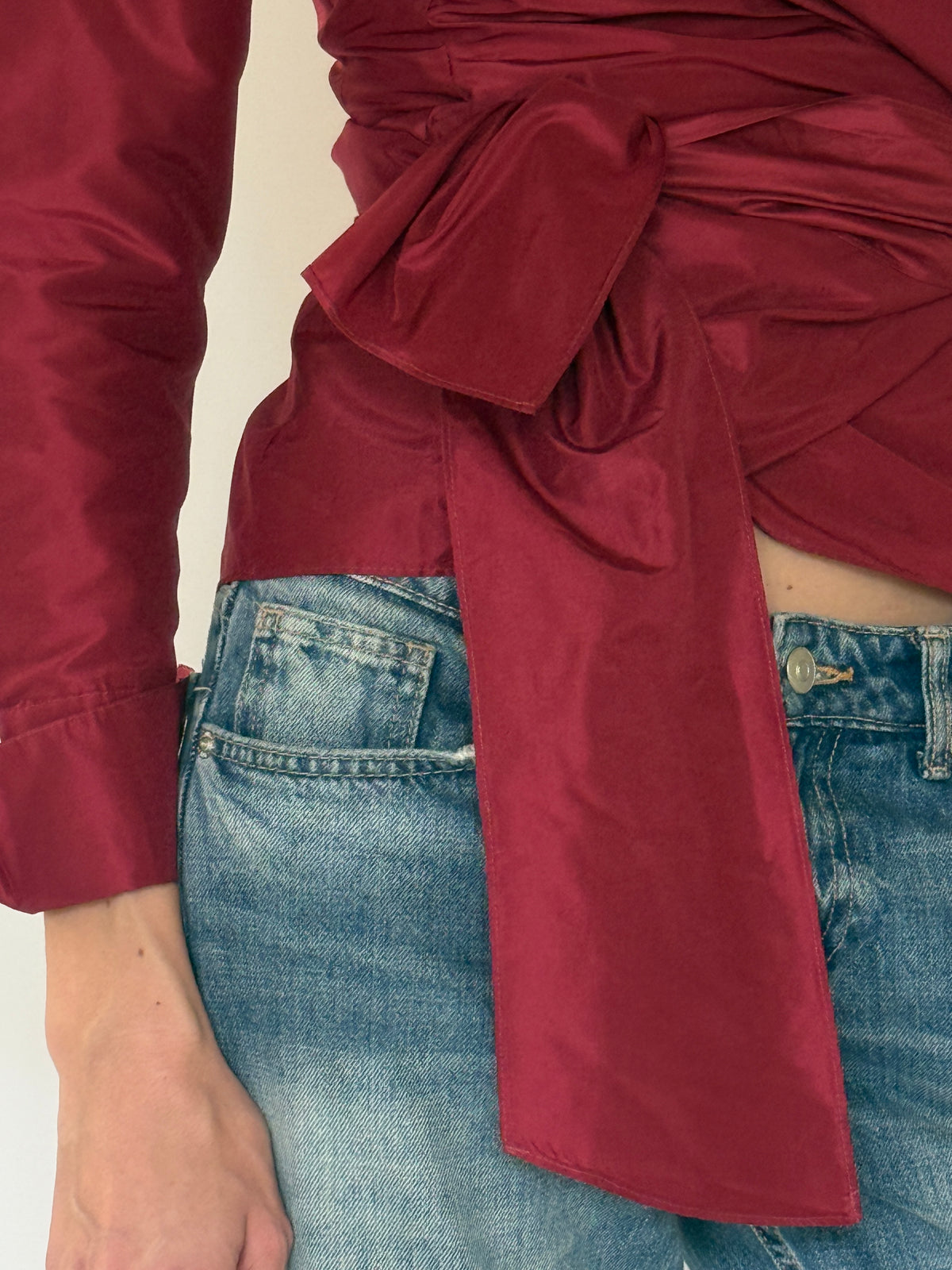 Vintage burgundy wrap blouse waist tie detail