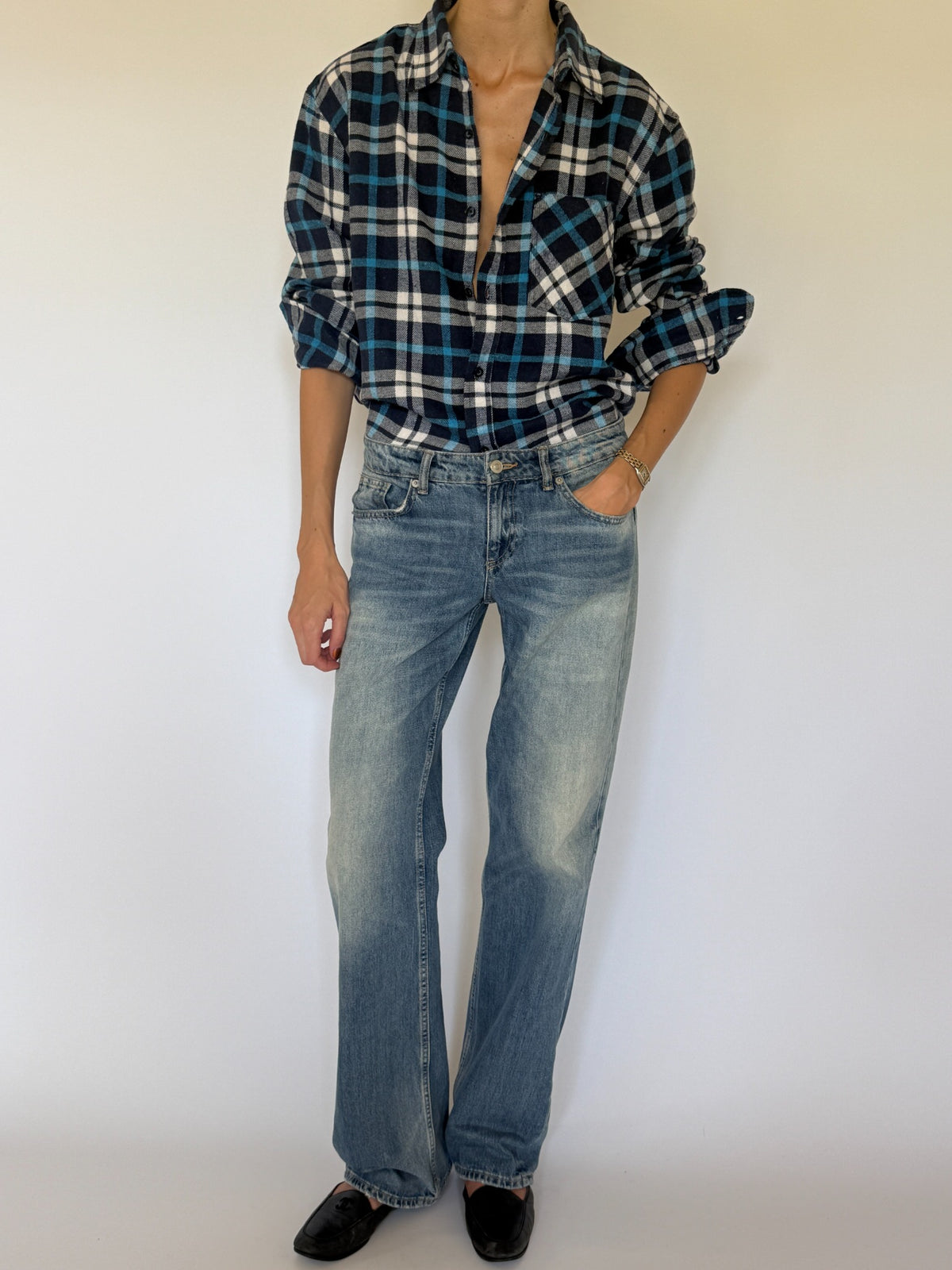 Vintage plaid flannel shirt navy blue cream styled front view