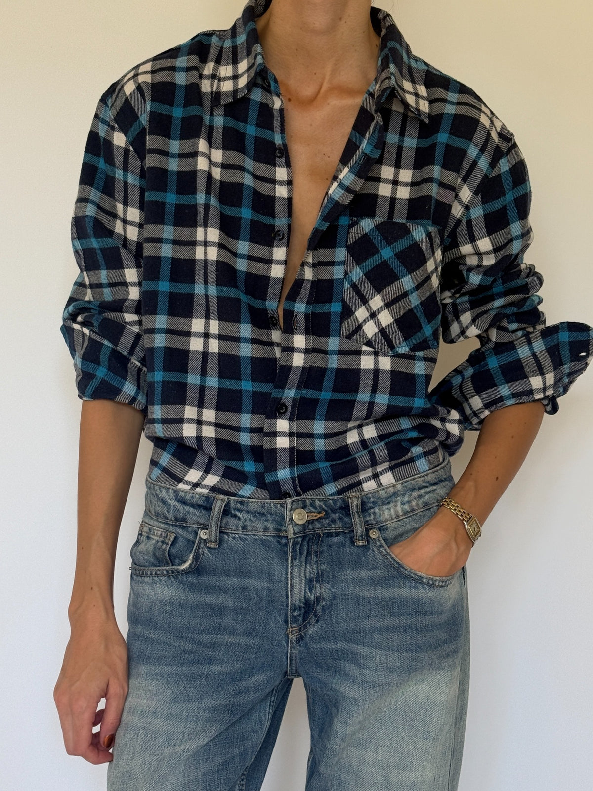 Vintage plaid flannel shirt navy blue cream front styled view