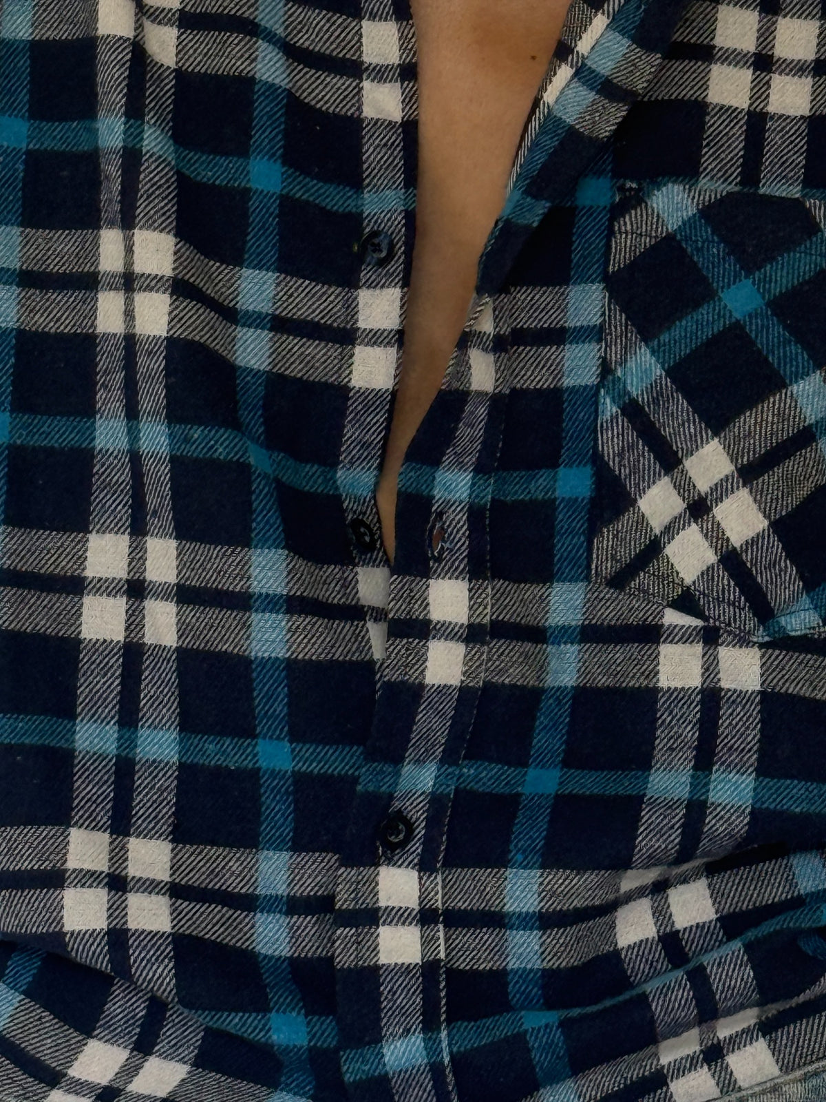 Vintage plaid flannel shirt navy blue cream fabric and pocket detail