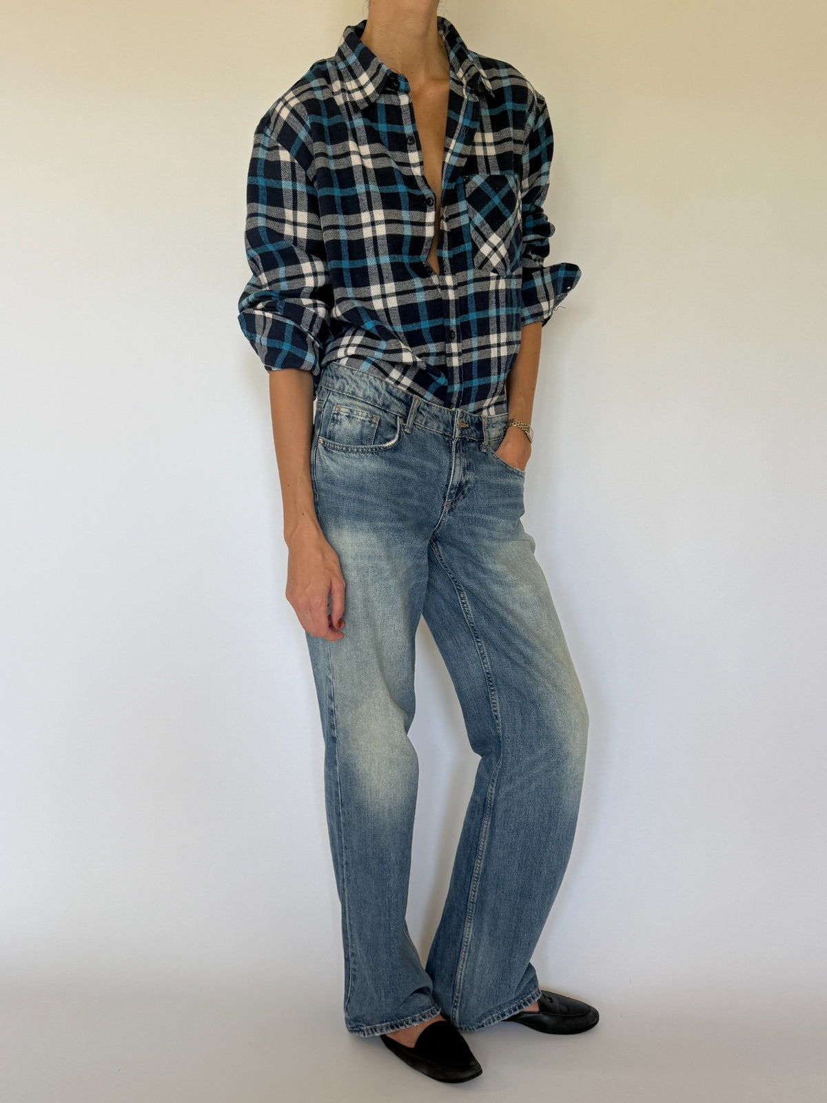 Vintage plaid flannel shirt navy blue cream front full-length view