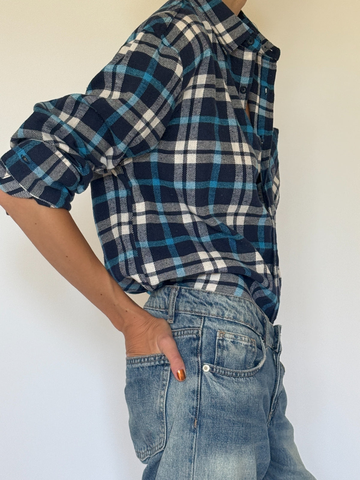 Vintage plaid flannel shirt navy blue cream side view