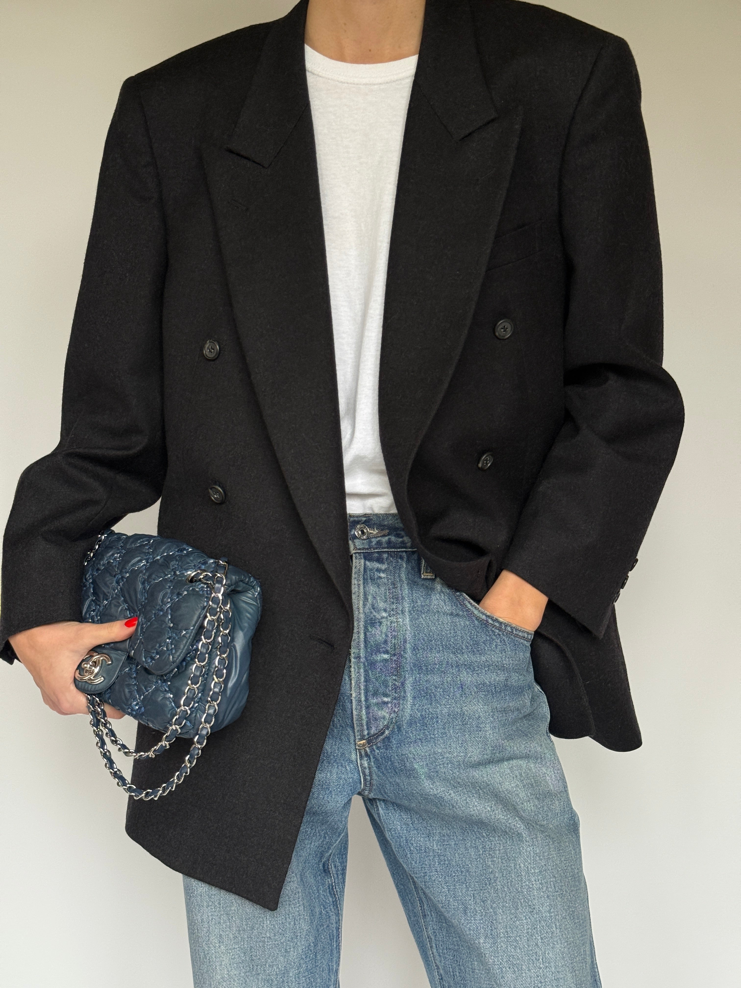 Vintage Double-Breasted Pure Wool Blazer Dark Grey 6413