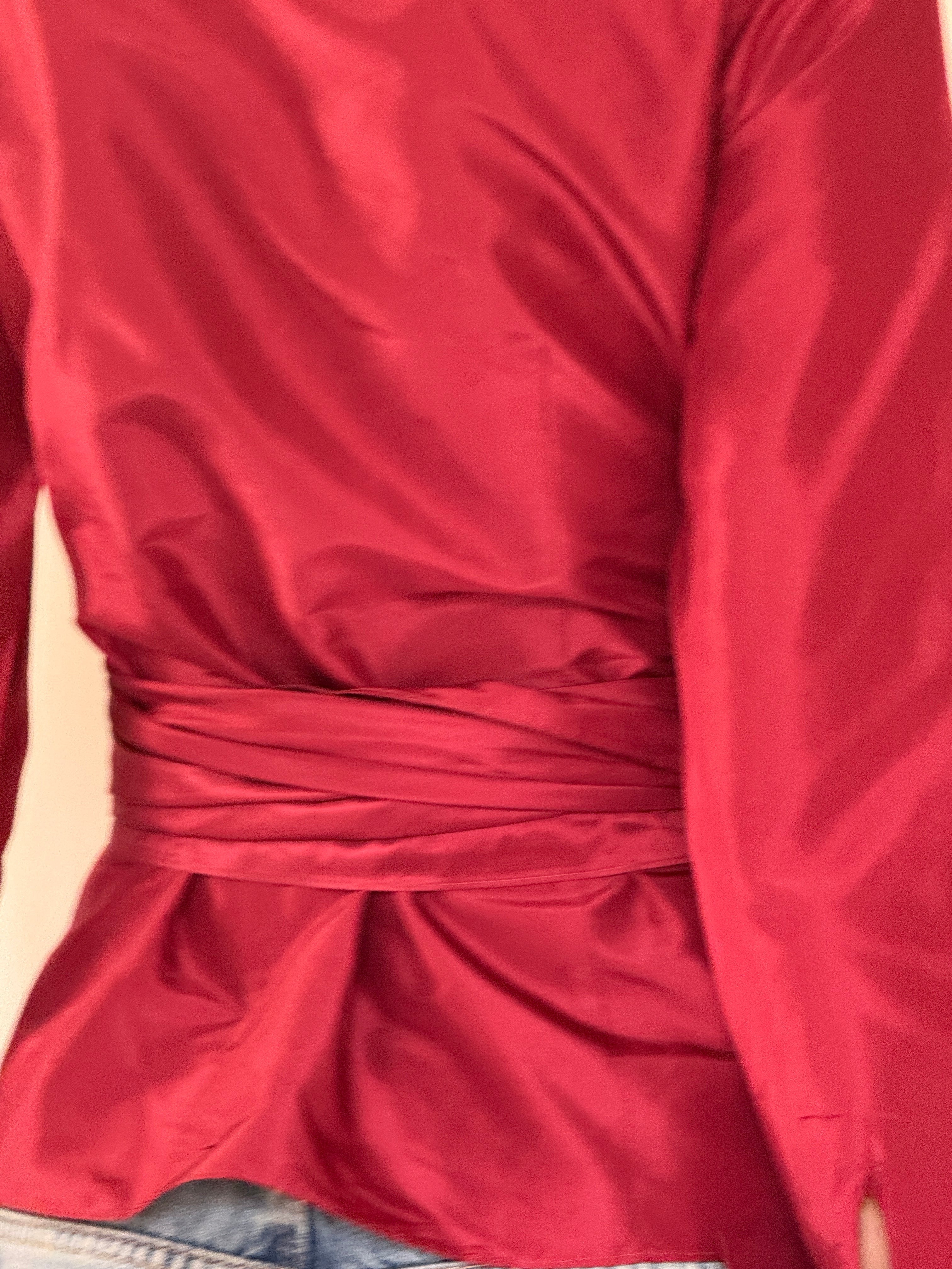 Vintage burgundy wrap tie blouse back view