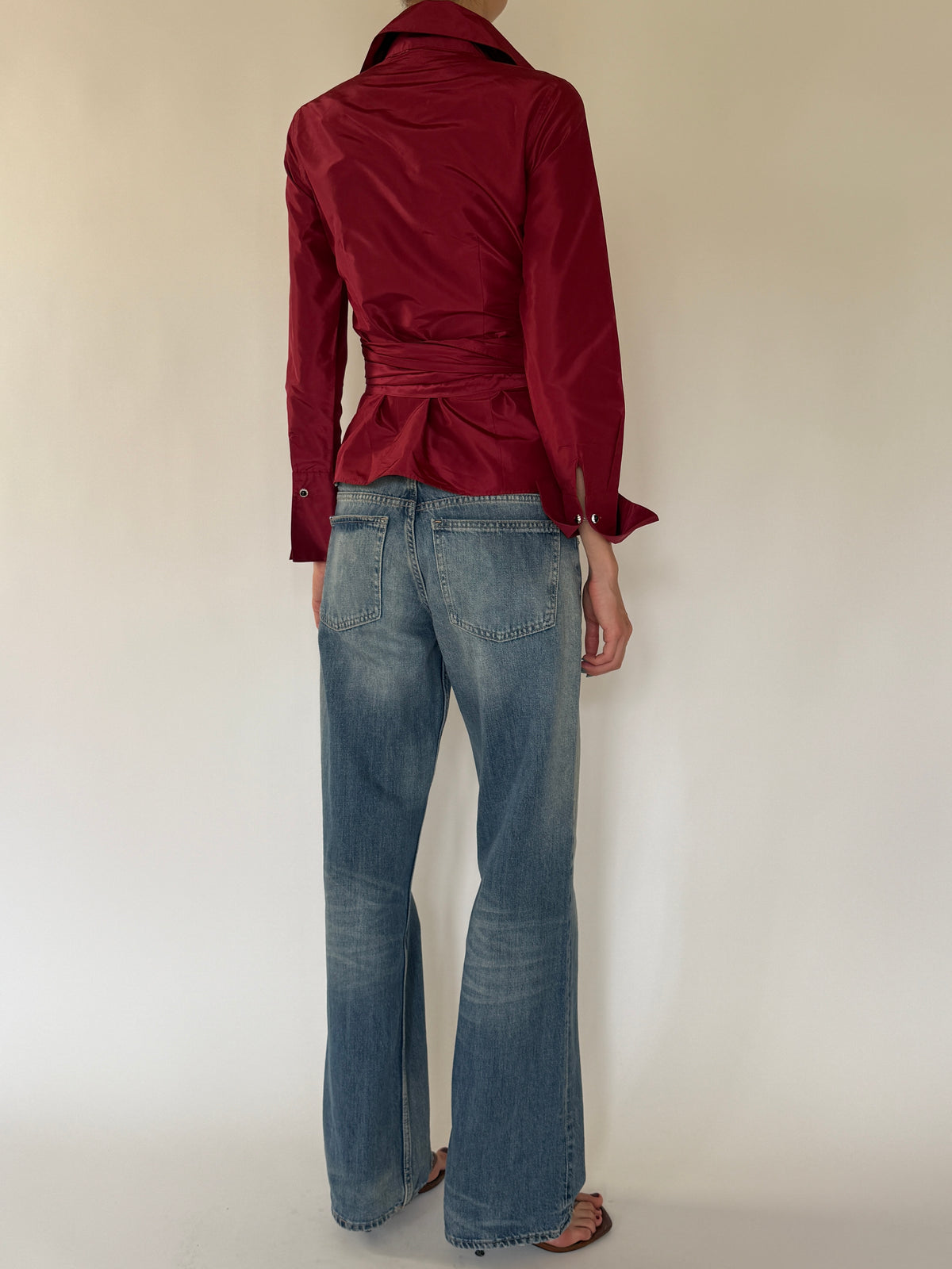 Vintage burgundy wrap tie blouse back view