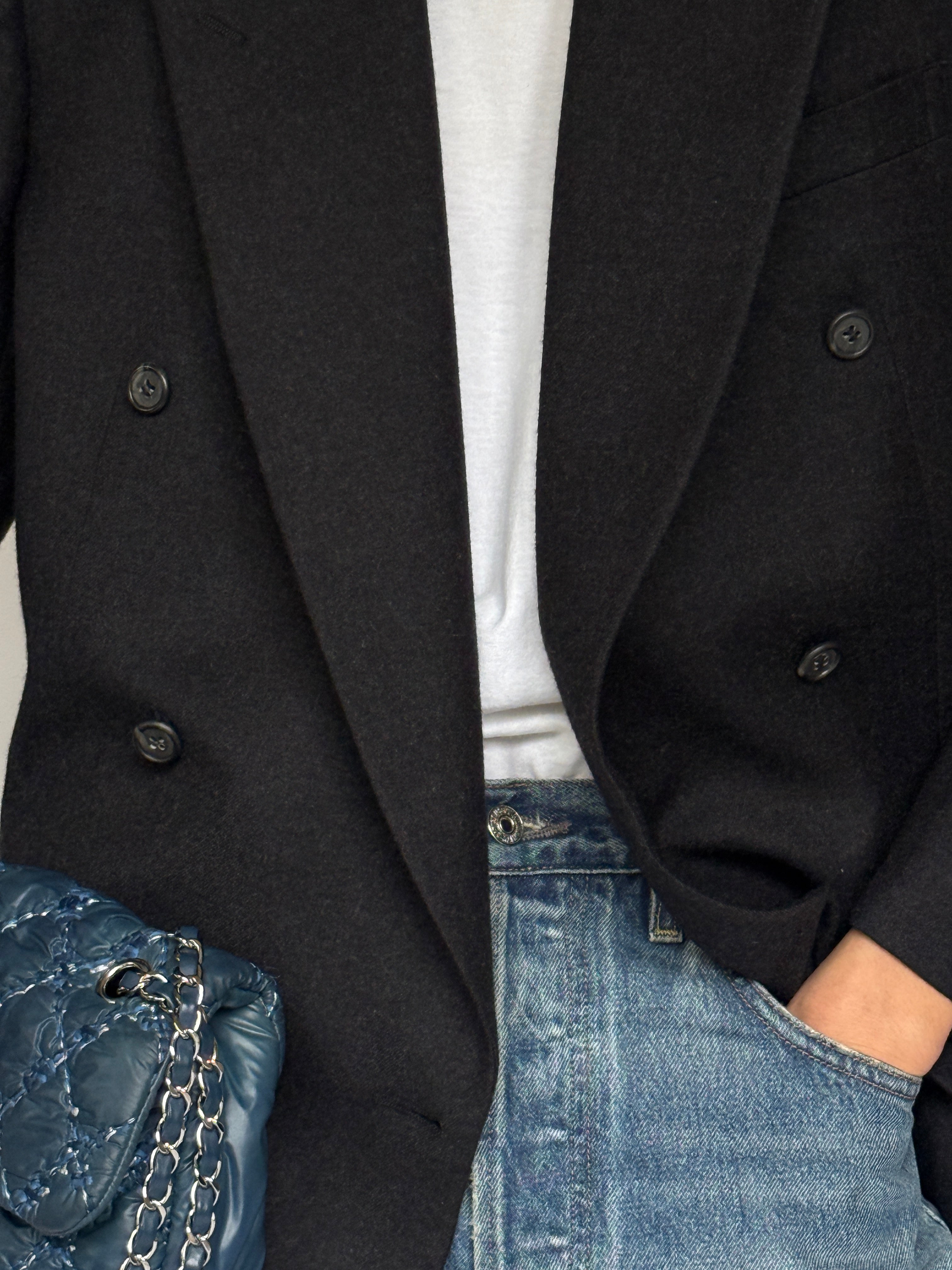 Vintage Double-Breasted Pure Wool Blazer Dark Grey 6413