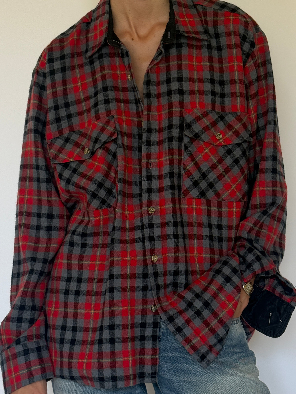 Vintage red plaid flannel shirt front view