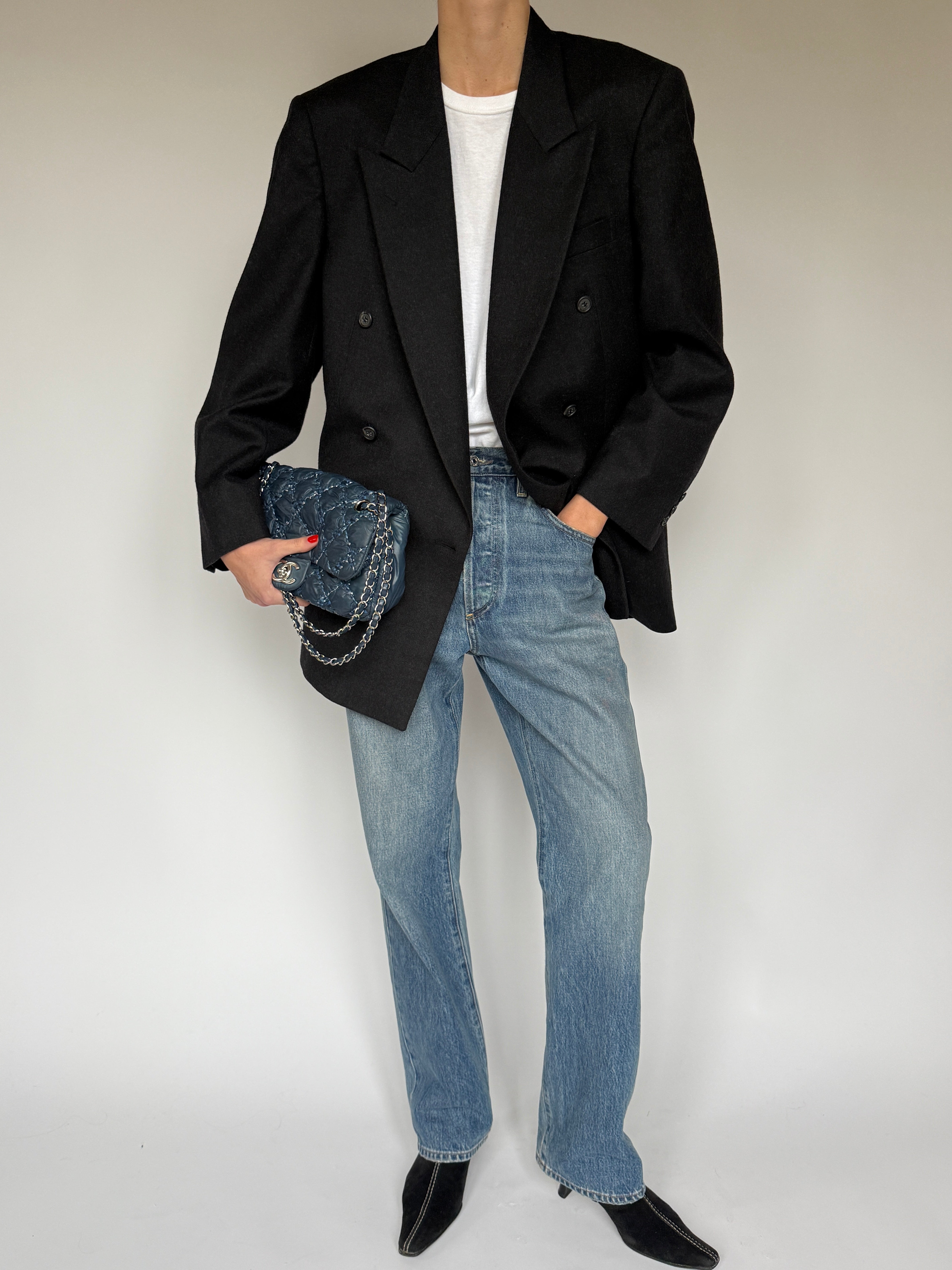 Vintage Double-Breasted Pure Wool Blazer Dark Grey 6413