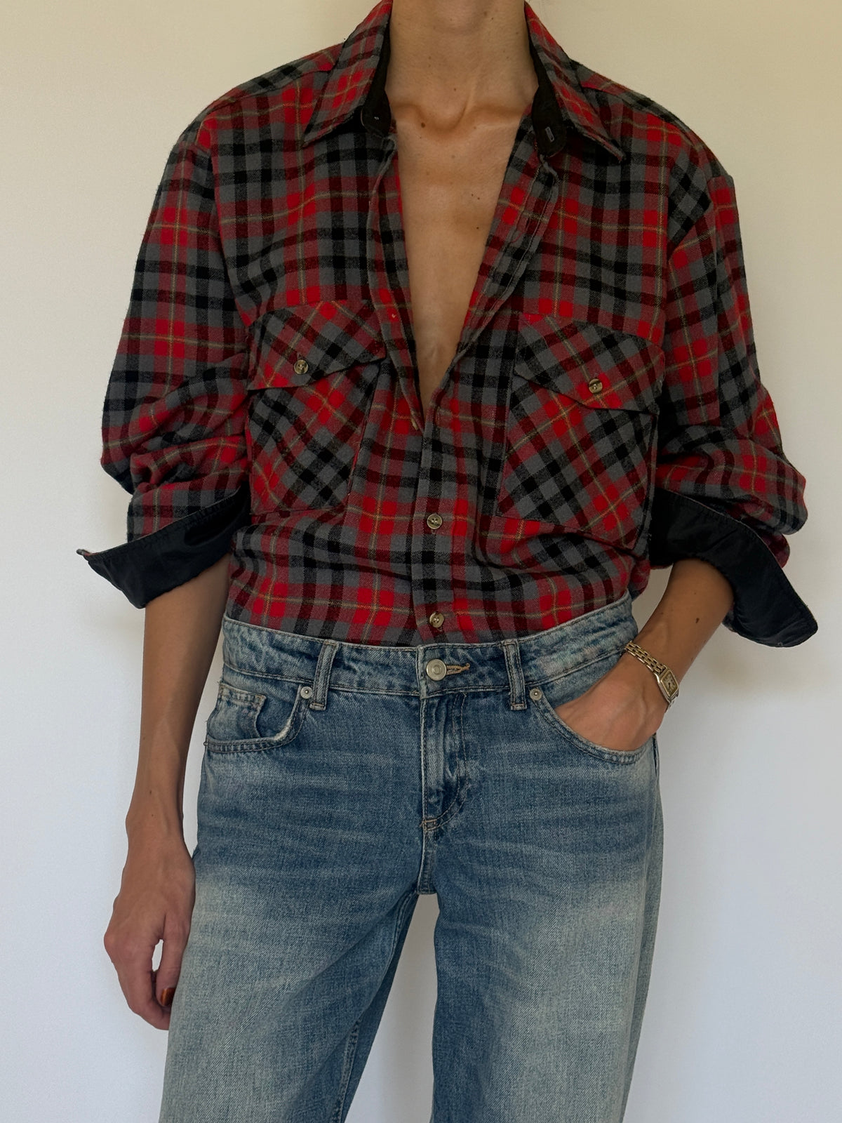 Vintage red plaid flannel shirt front view