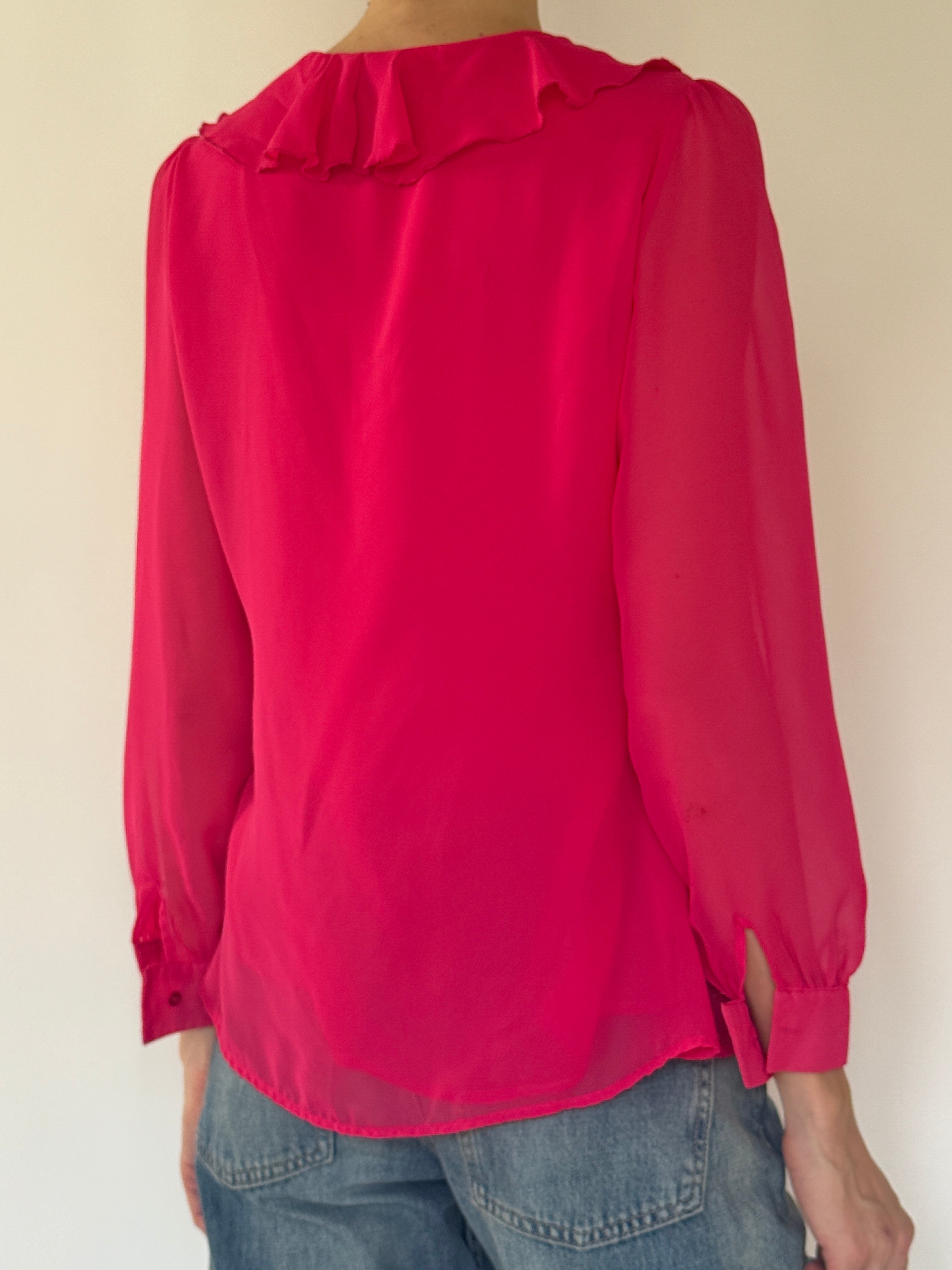 Vintage sheer fuchsia ruffle blouse back view