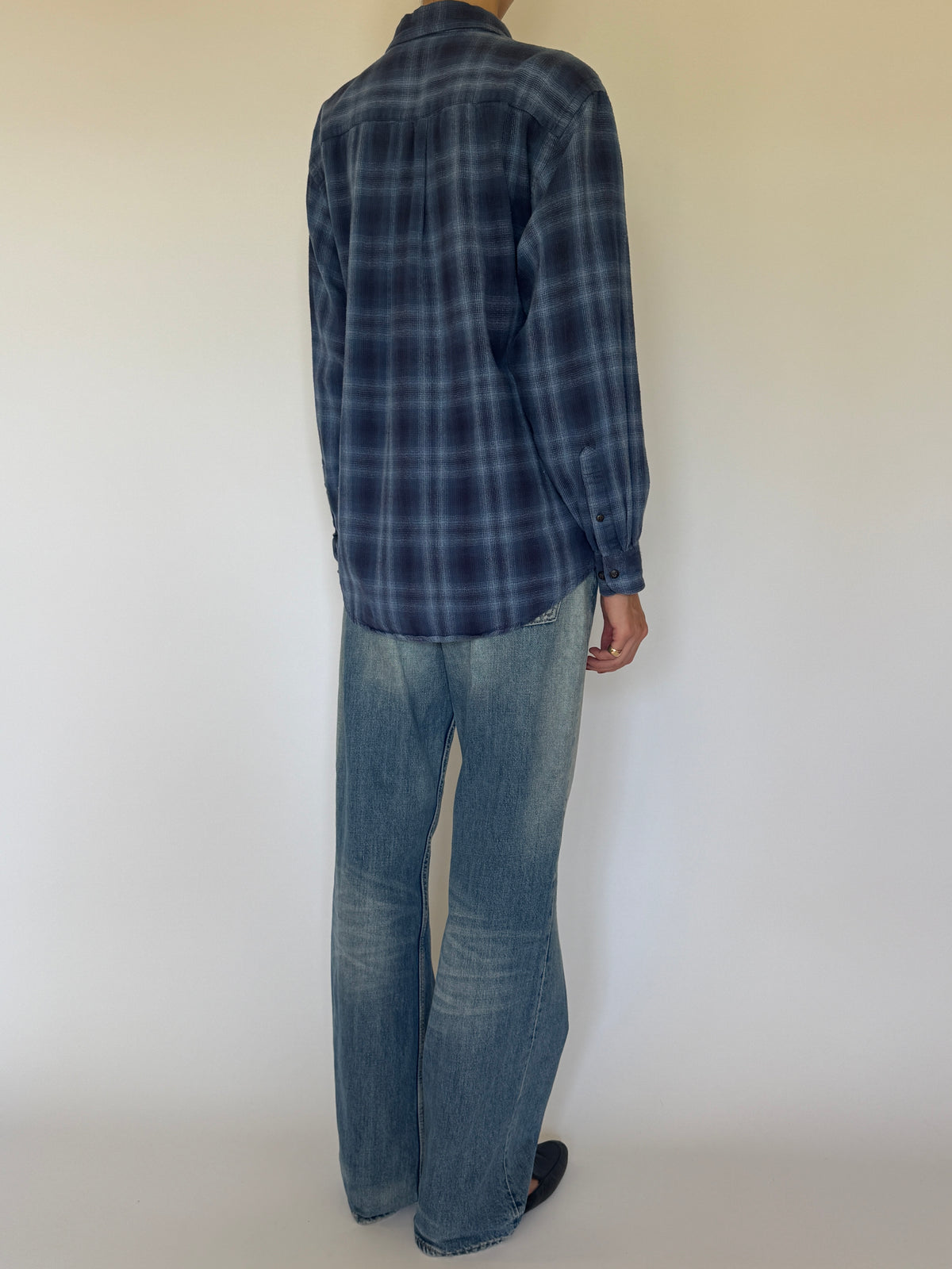 Vintage blue plaid flannel shirt back view