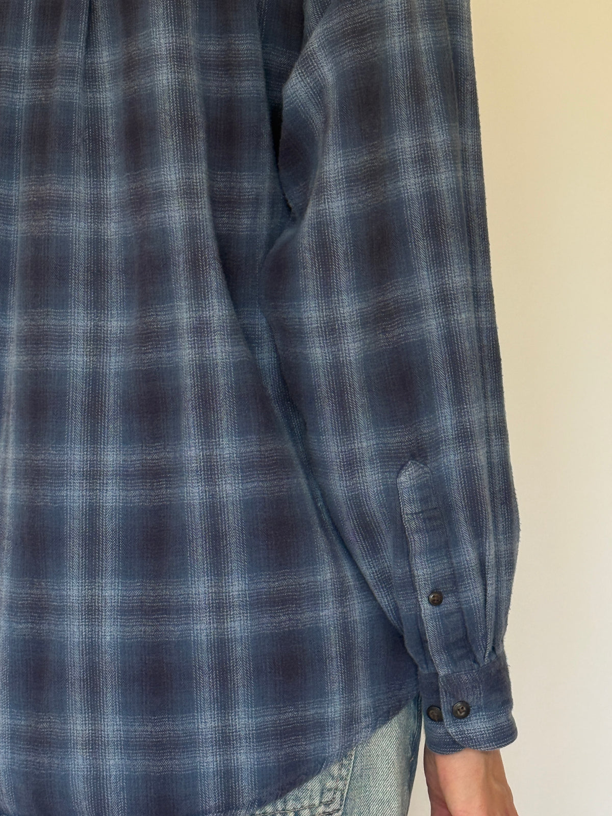Vintage blue plaid flannel shirt button cuff detail