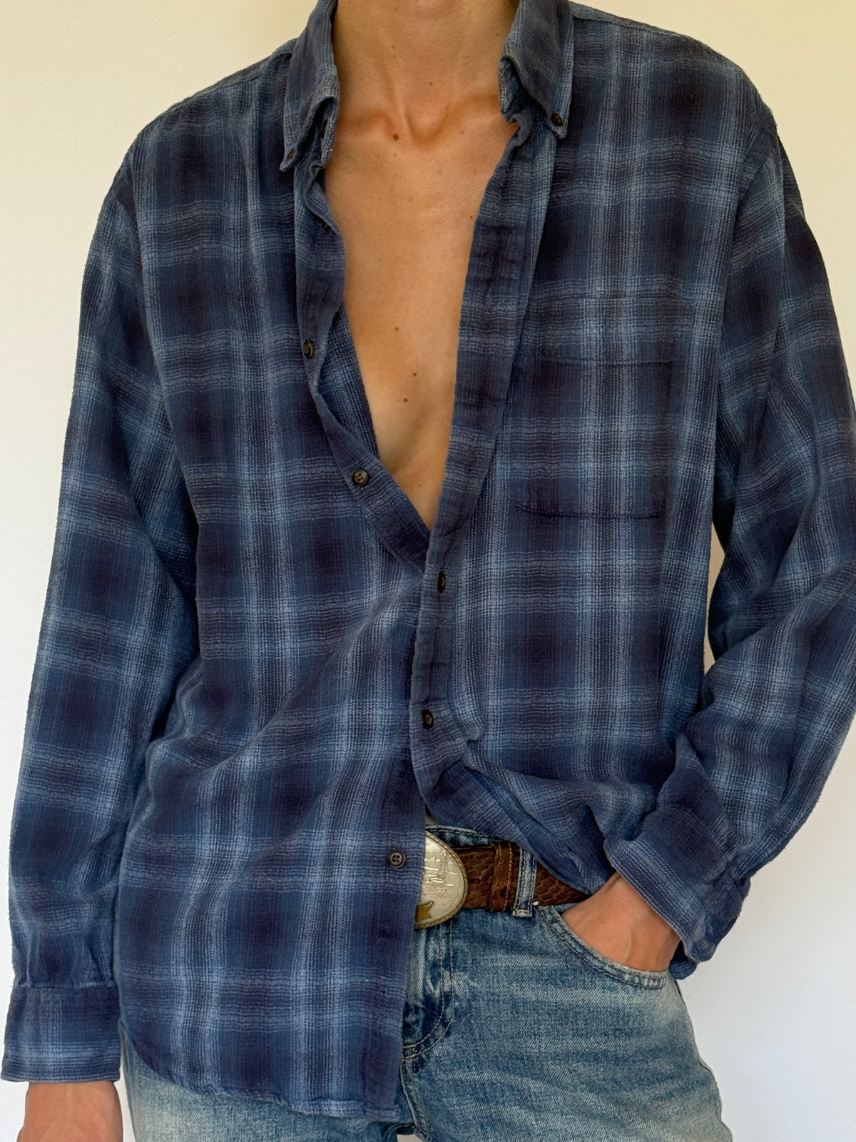 Vintage blue 100% cotton flannel fabric close-up