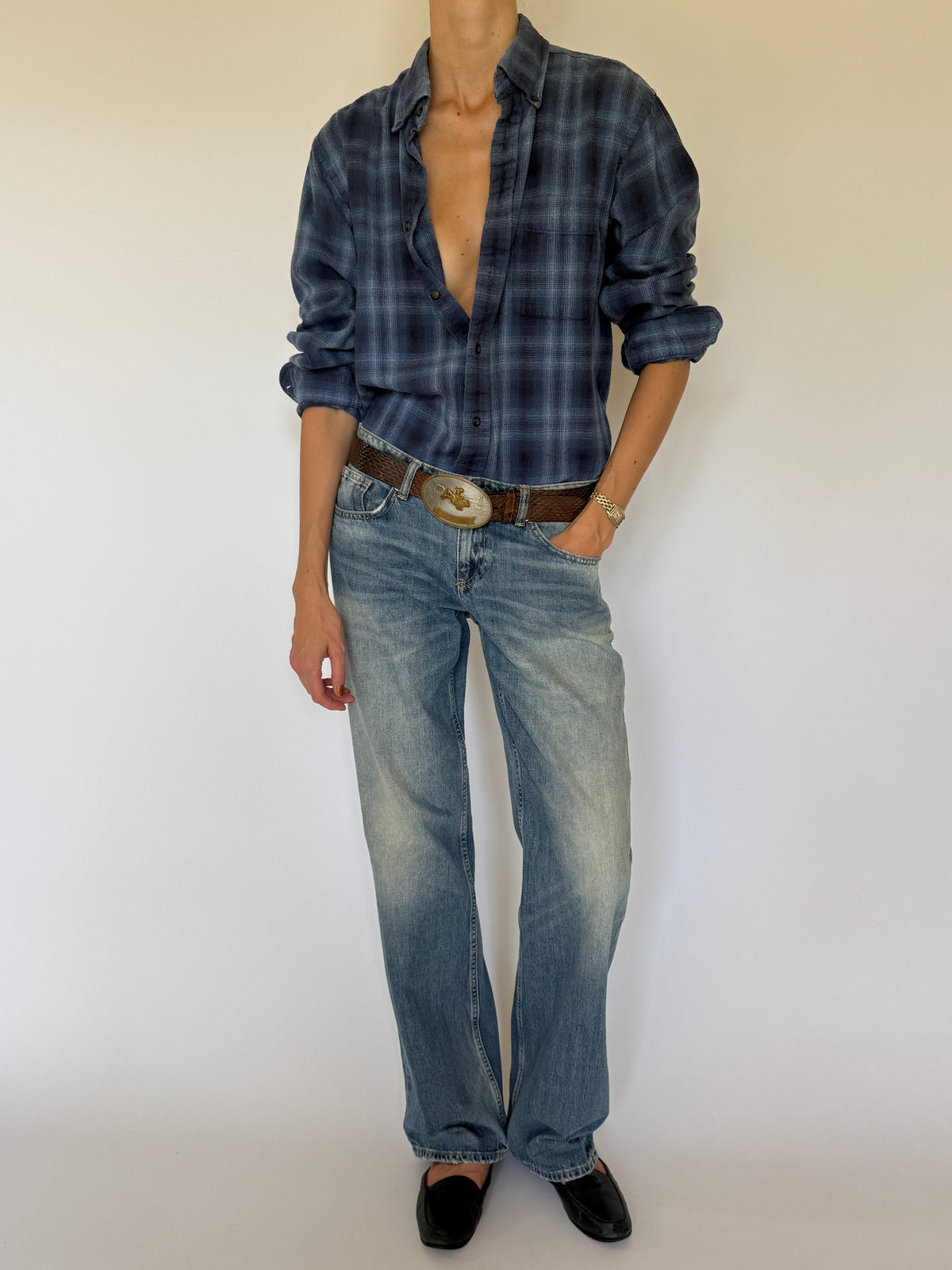 Vintage blue plaid flannel shirt front view