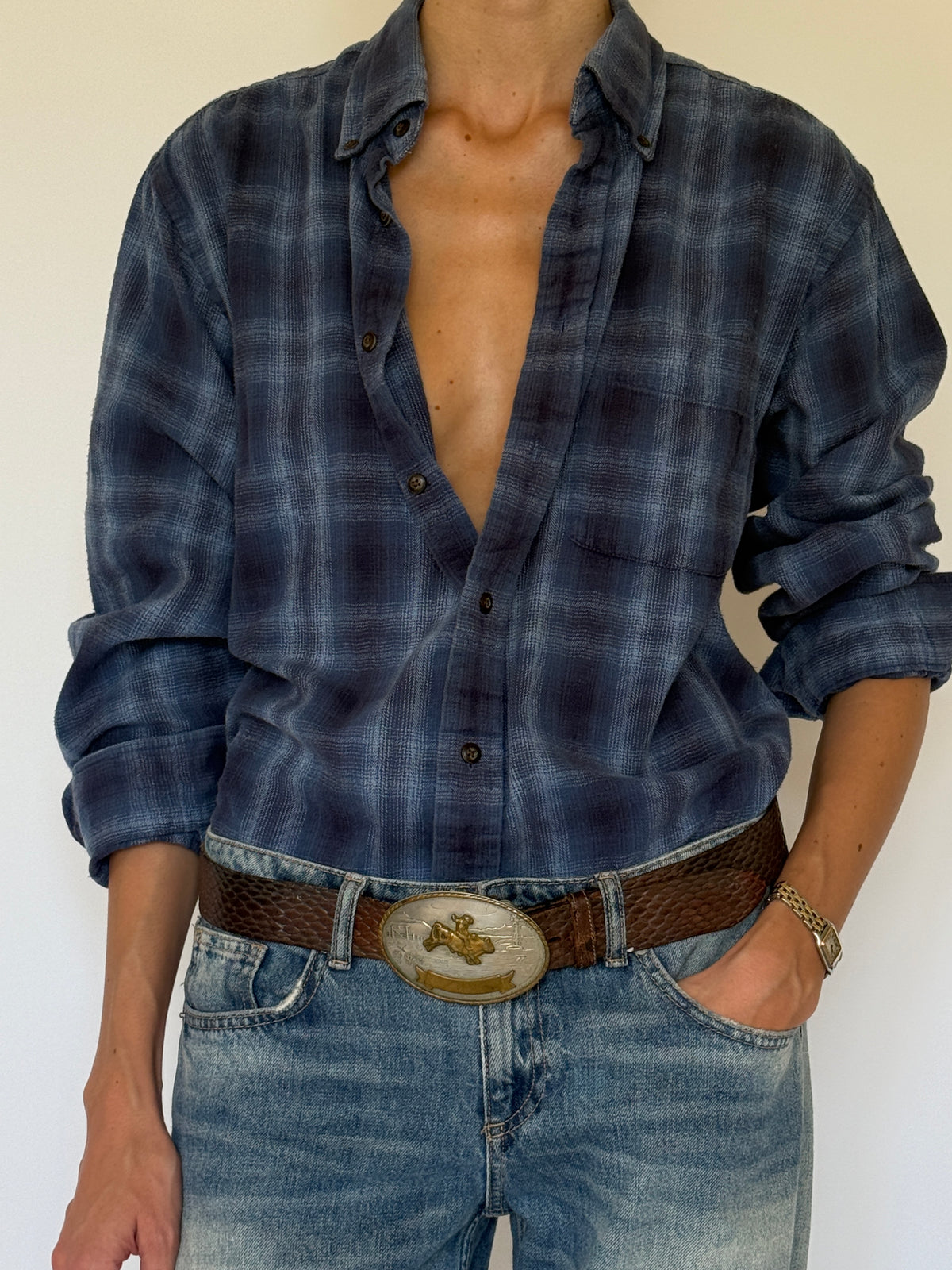 Vintage blue plaid flannel shirt front view