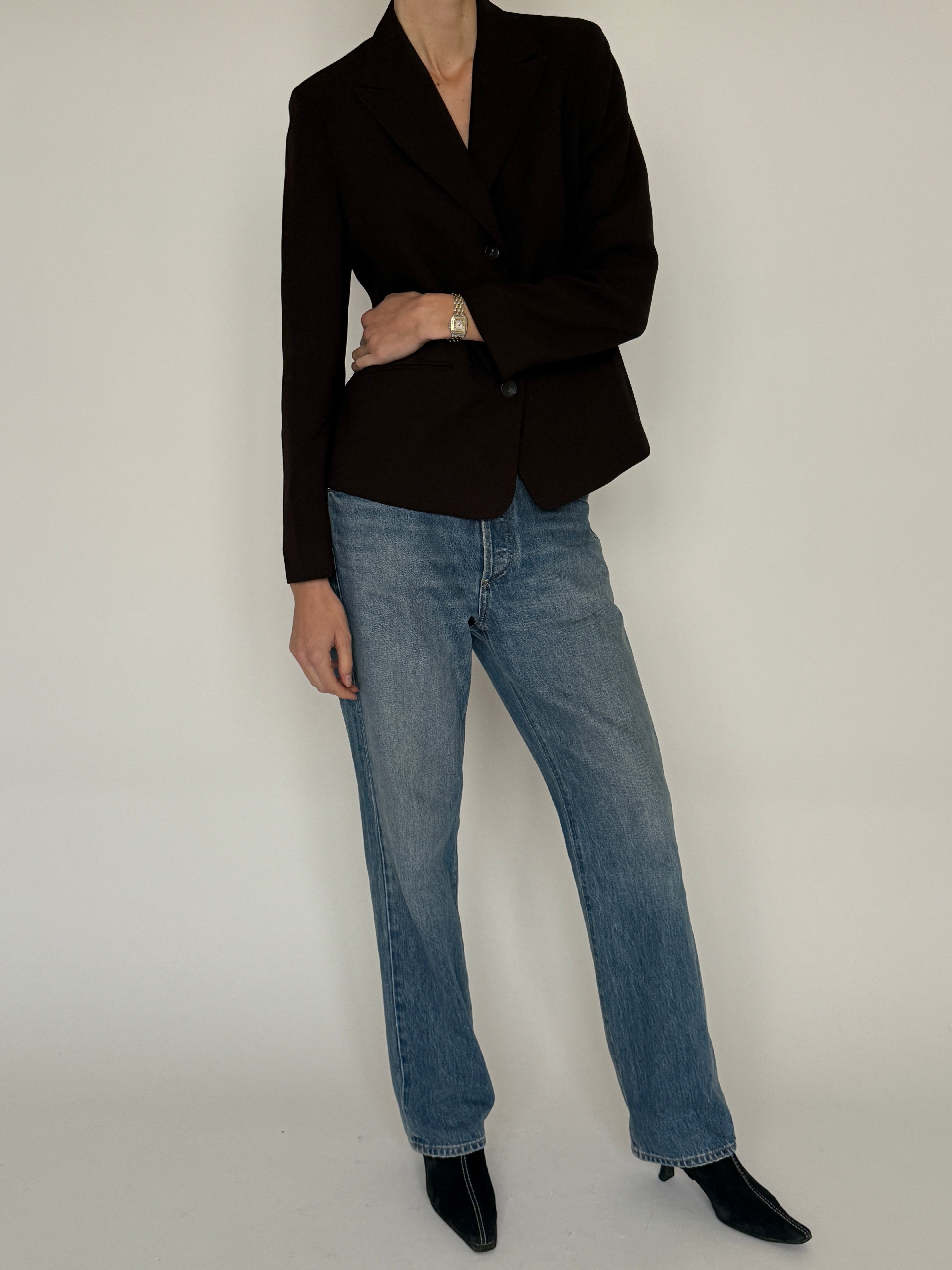 Vintage dark brown tailored blazer angled front view