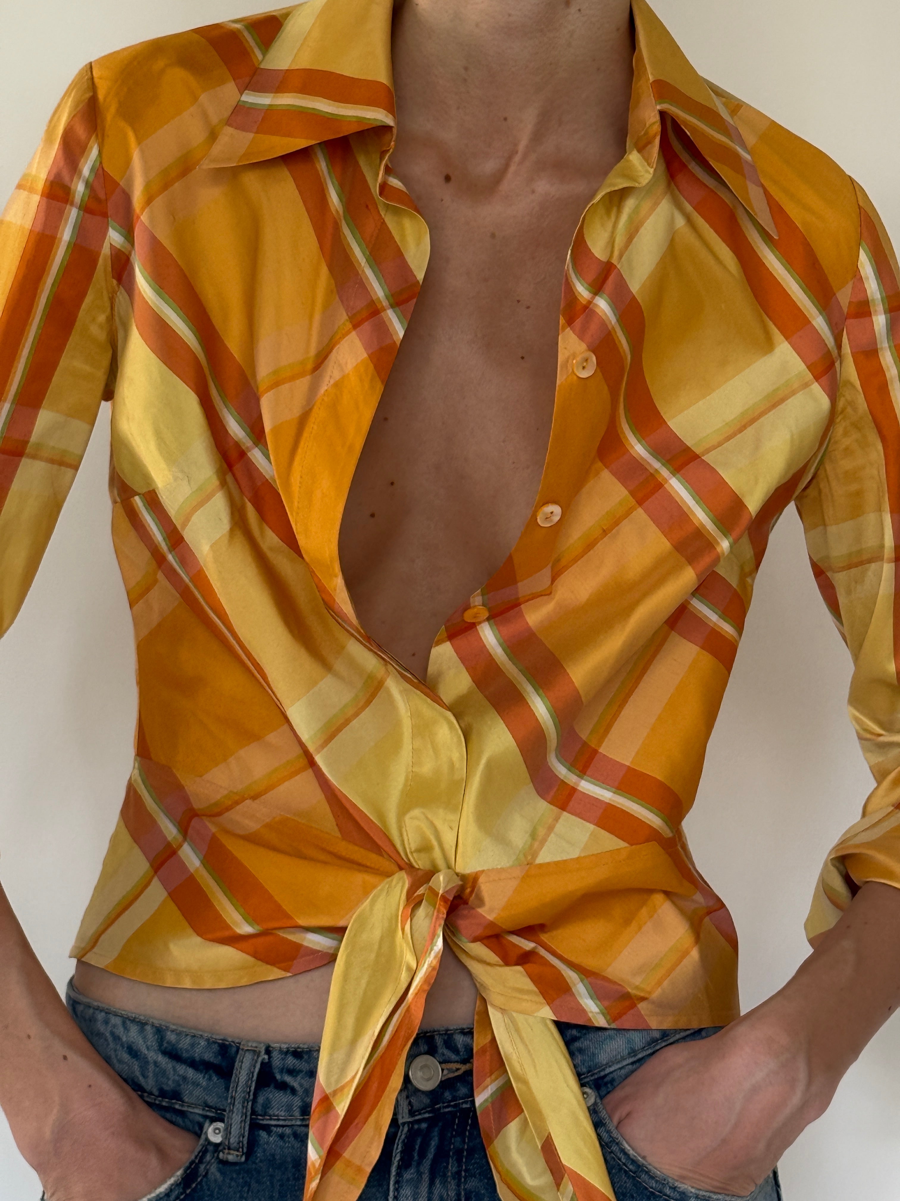 Vintage yellow and orange silk tie-front blouse front view
