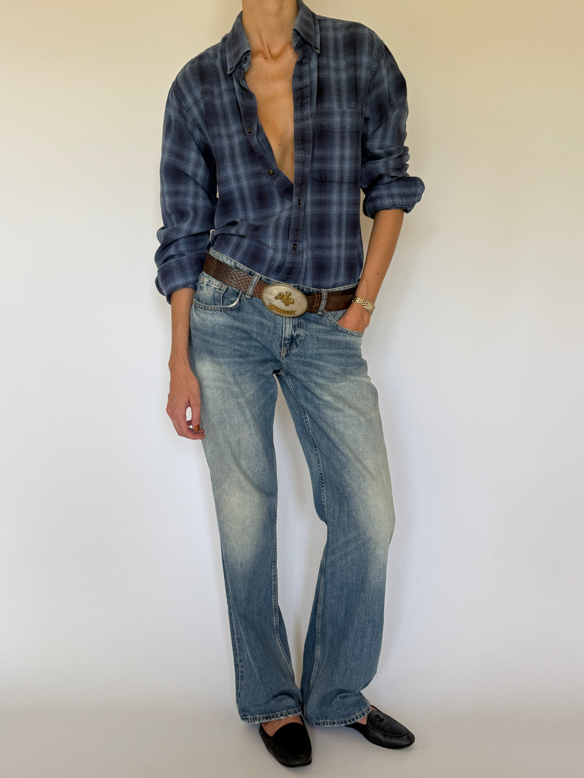 Vintage navy and blue plaid flannel shirt final angle
