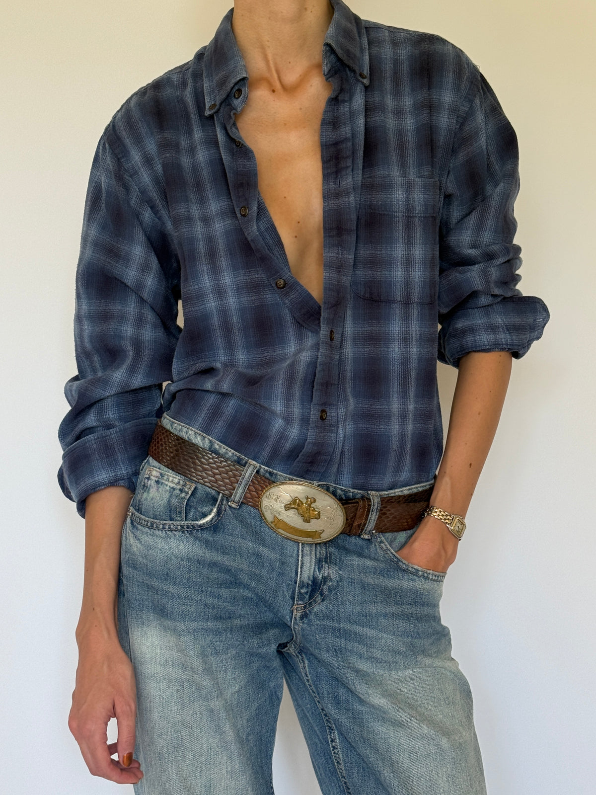 Vintage blue plaid flannel shirt front view