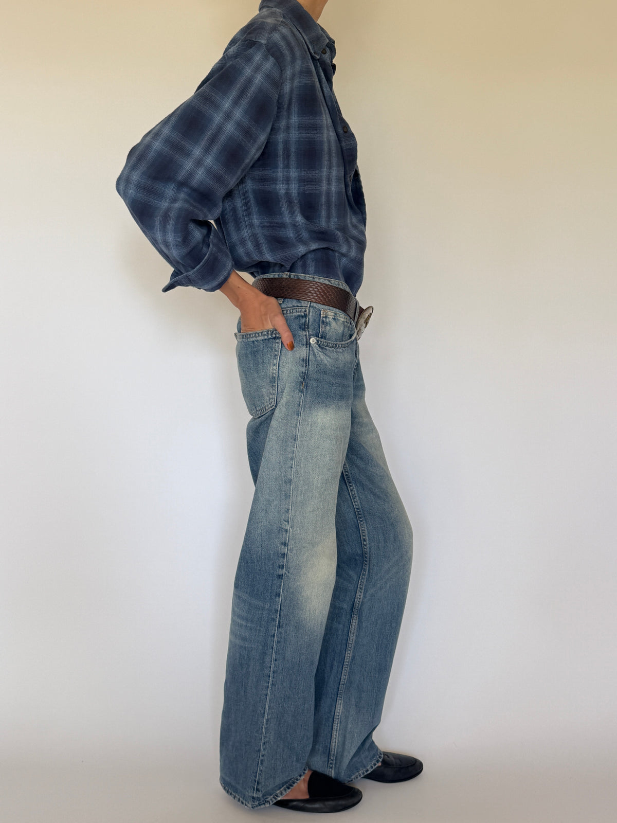 Vintage blue plaid flannel shirt side view