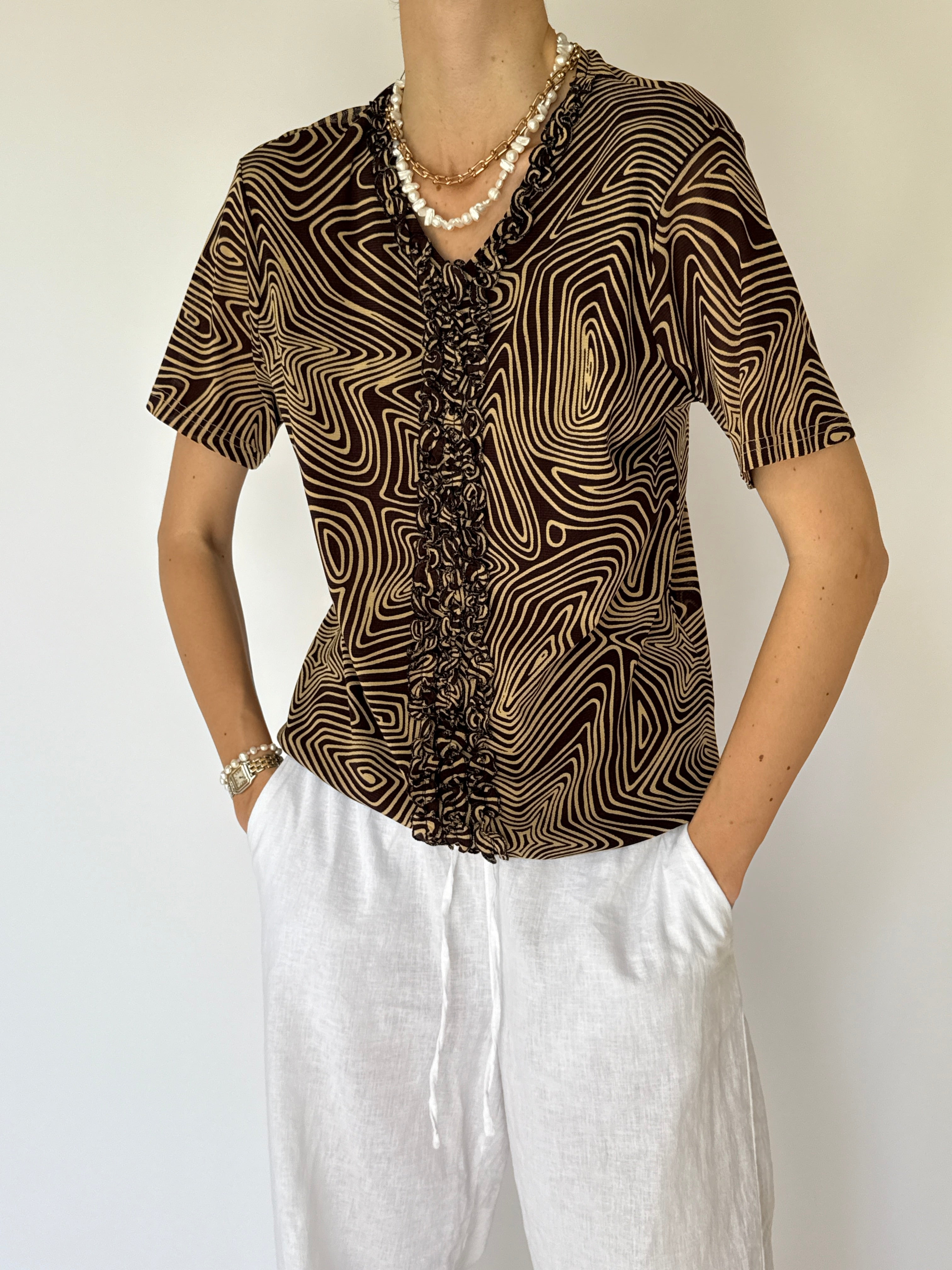 Vintage Brown Patterned Short-Sleeve Top 4078