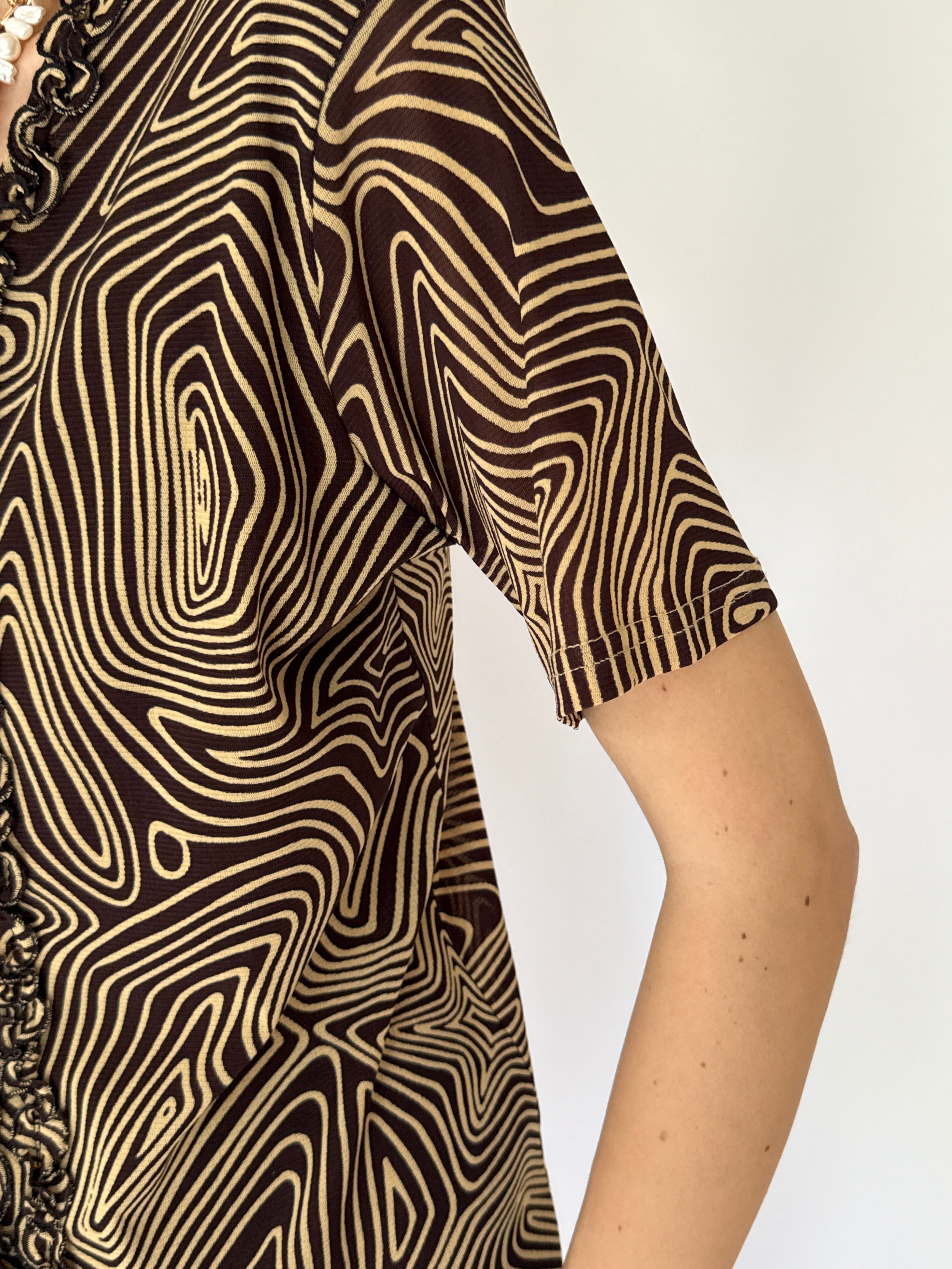 Vintage Brown Patterned Short-Sleeve Top 4078