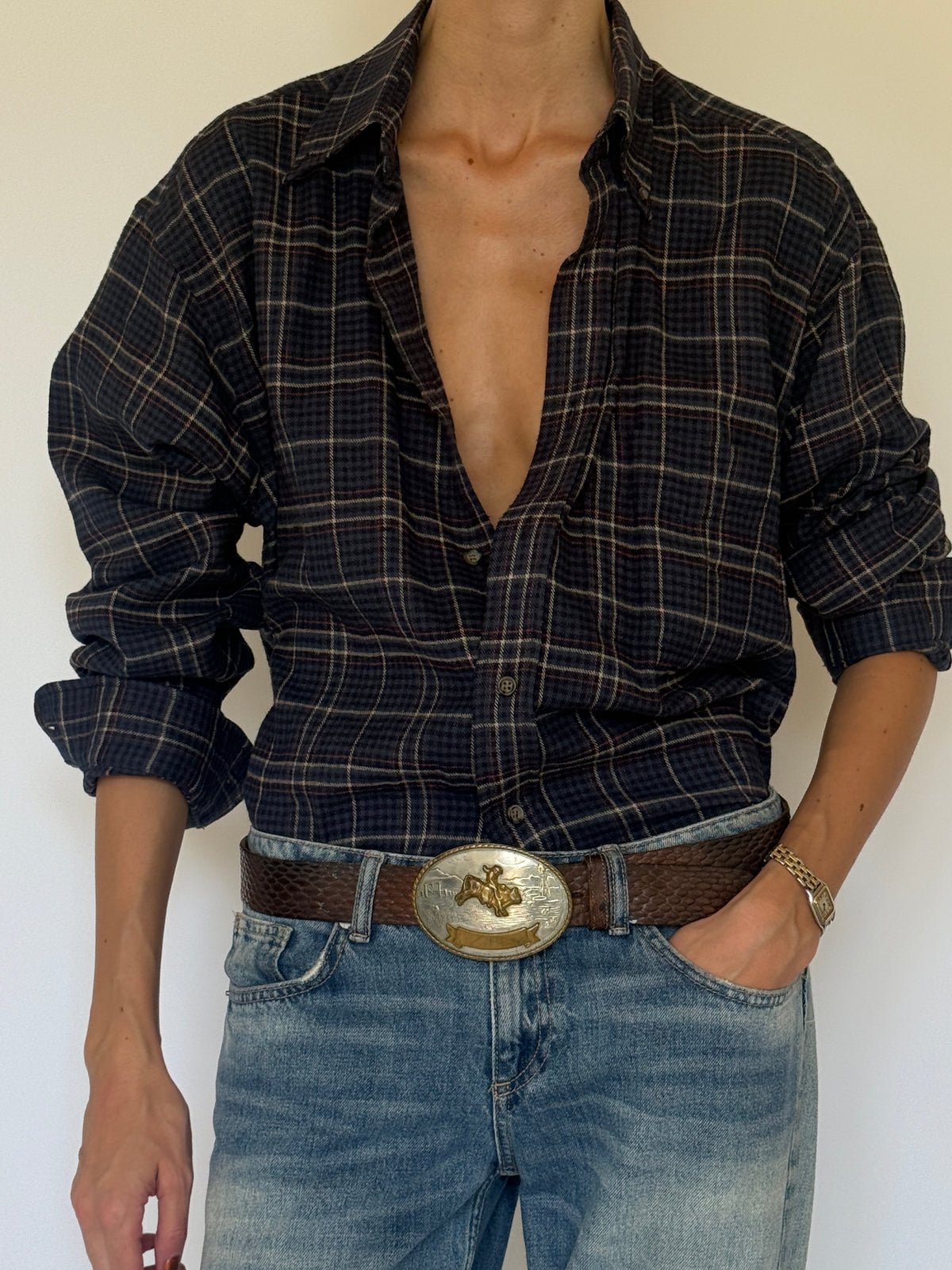Vintage Plaid Flannel Shirt Navy 8244