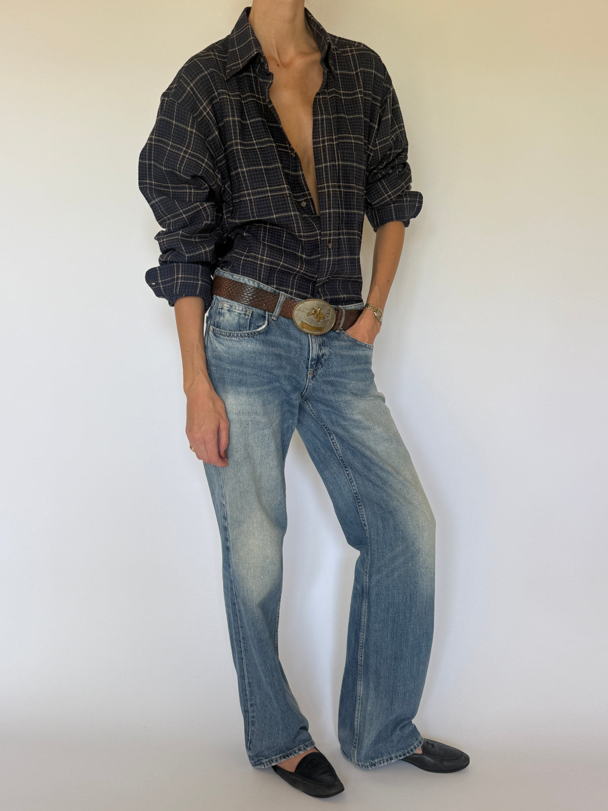 Vintage Plaid Flannel Shirt Navy 8244
