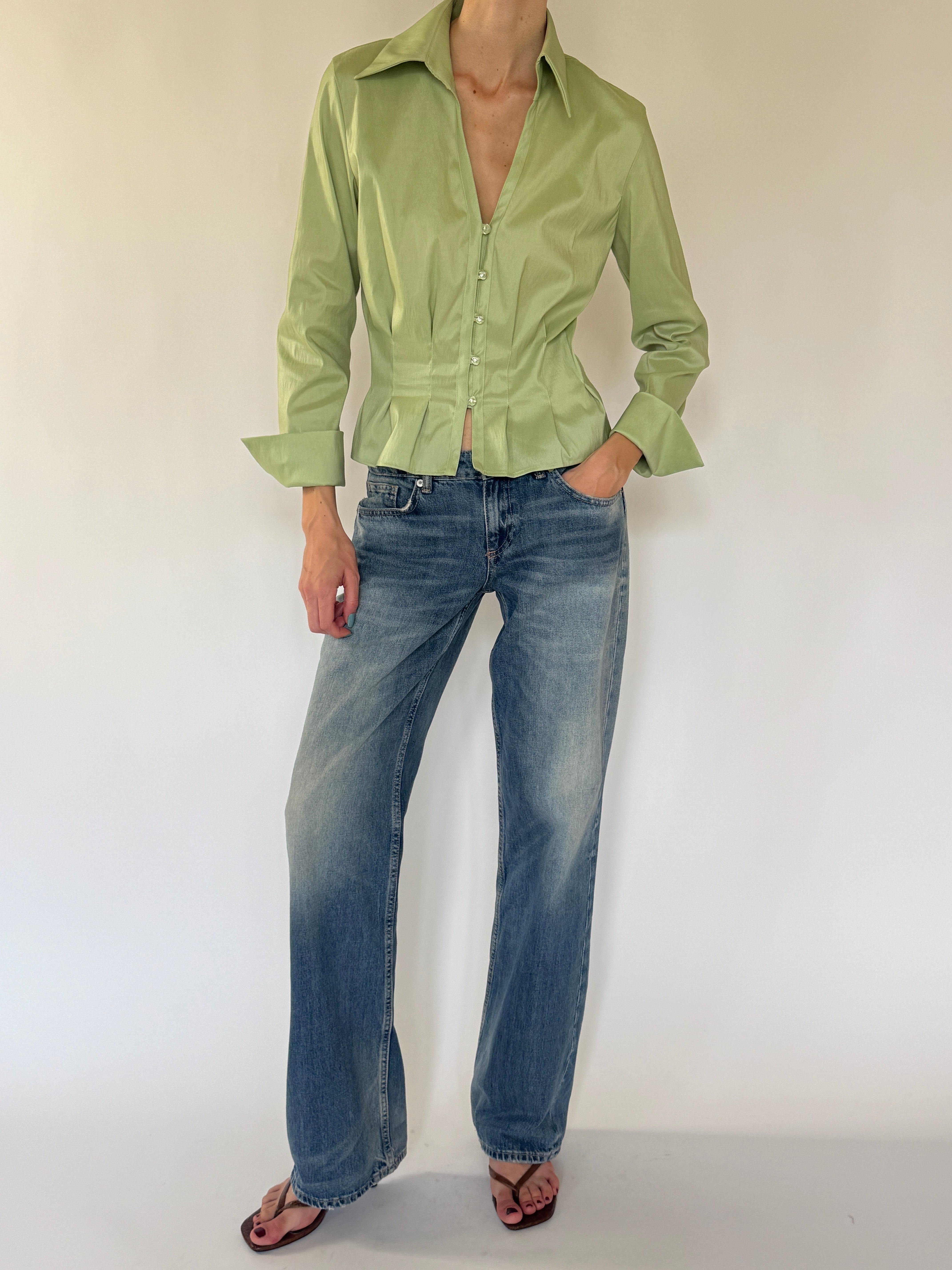 Vintage sage green satin blouse front view