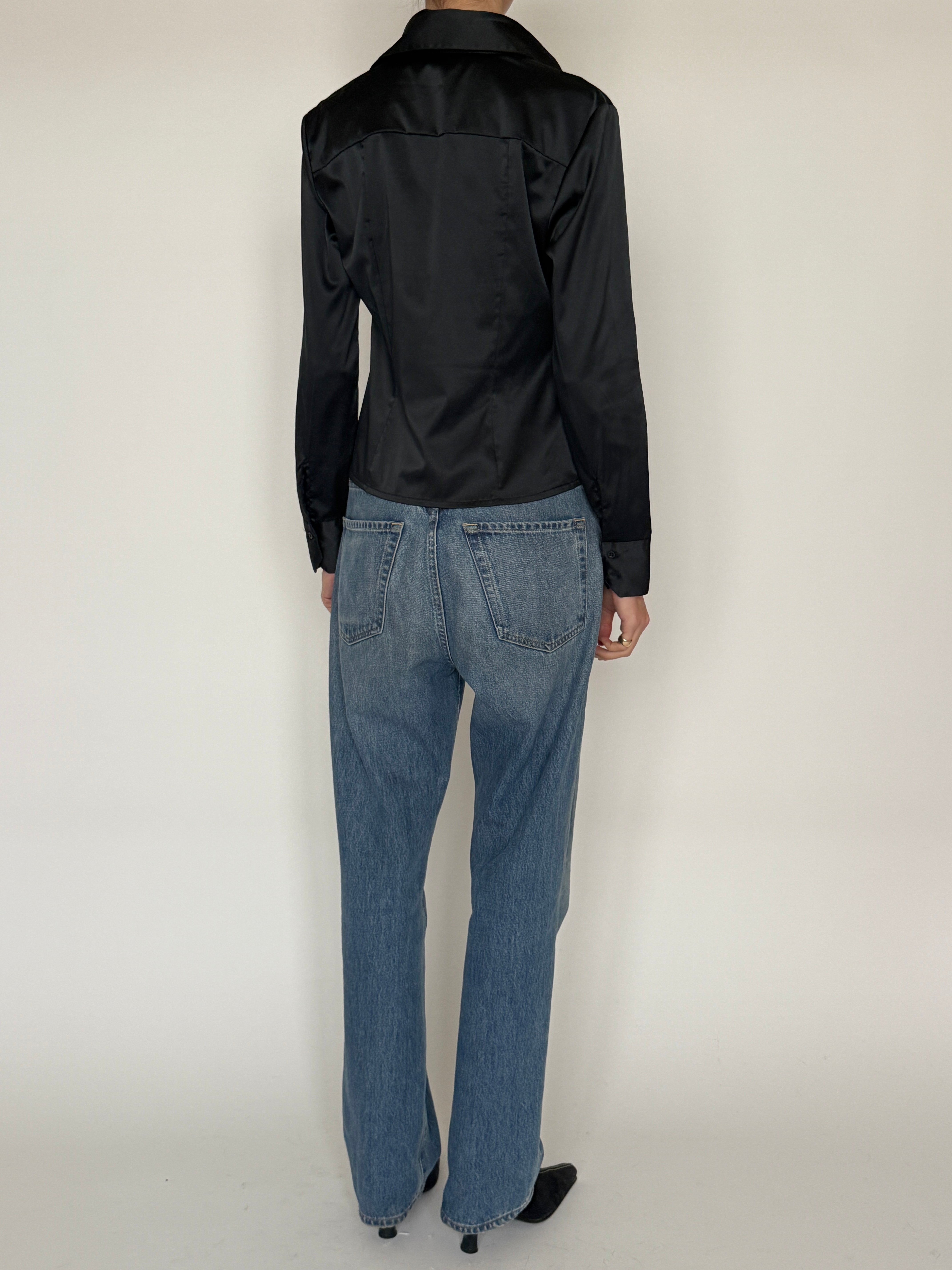 Vintage black button-up blouse back view