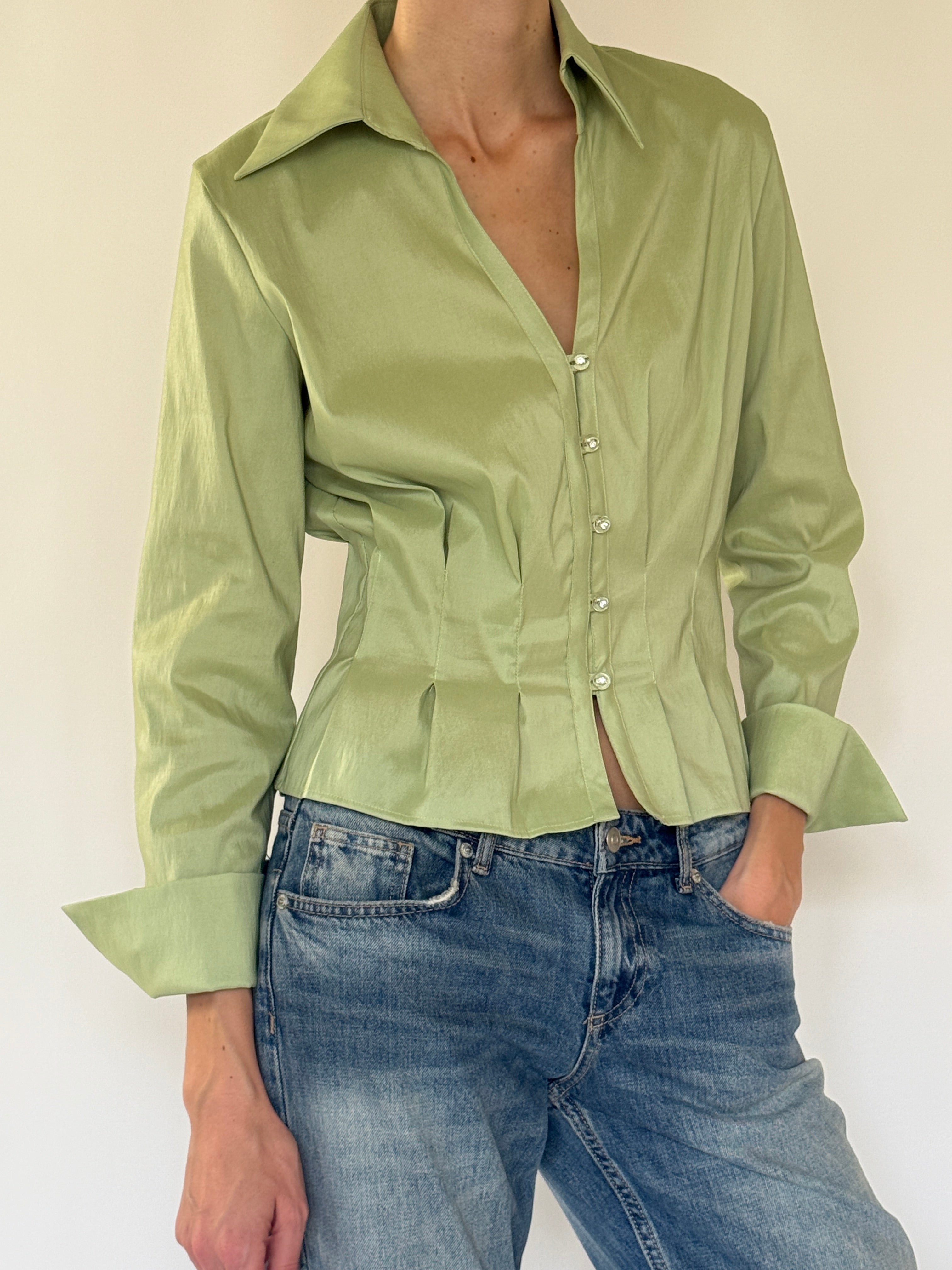 Vintage sage green satin blouse front view