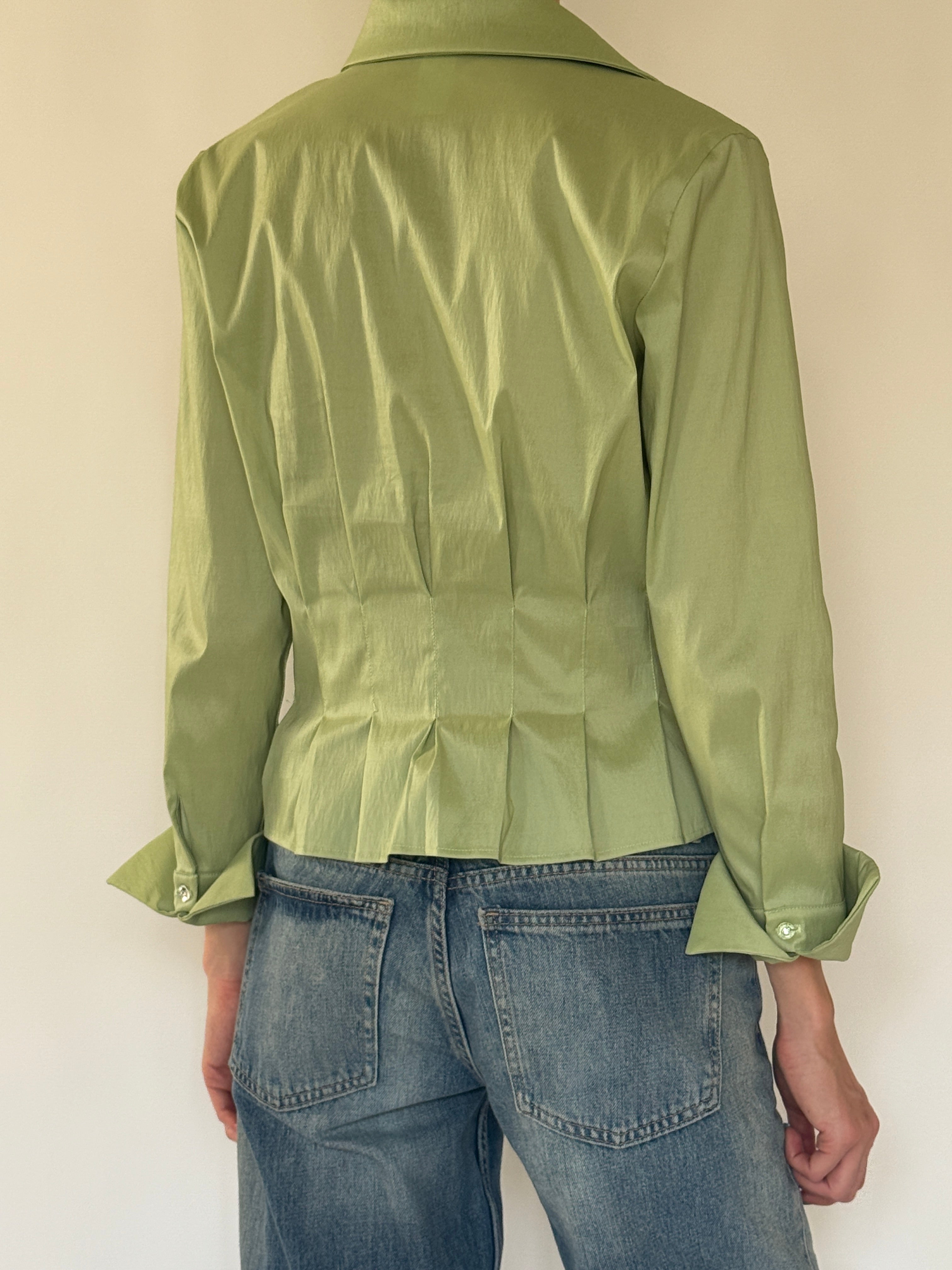 Vintage sage green satin blouse back view