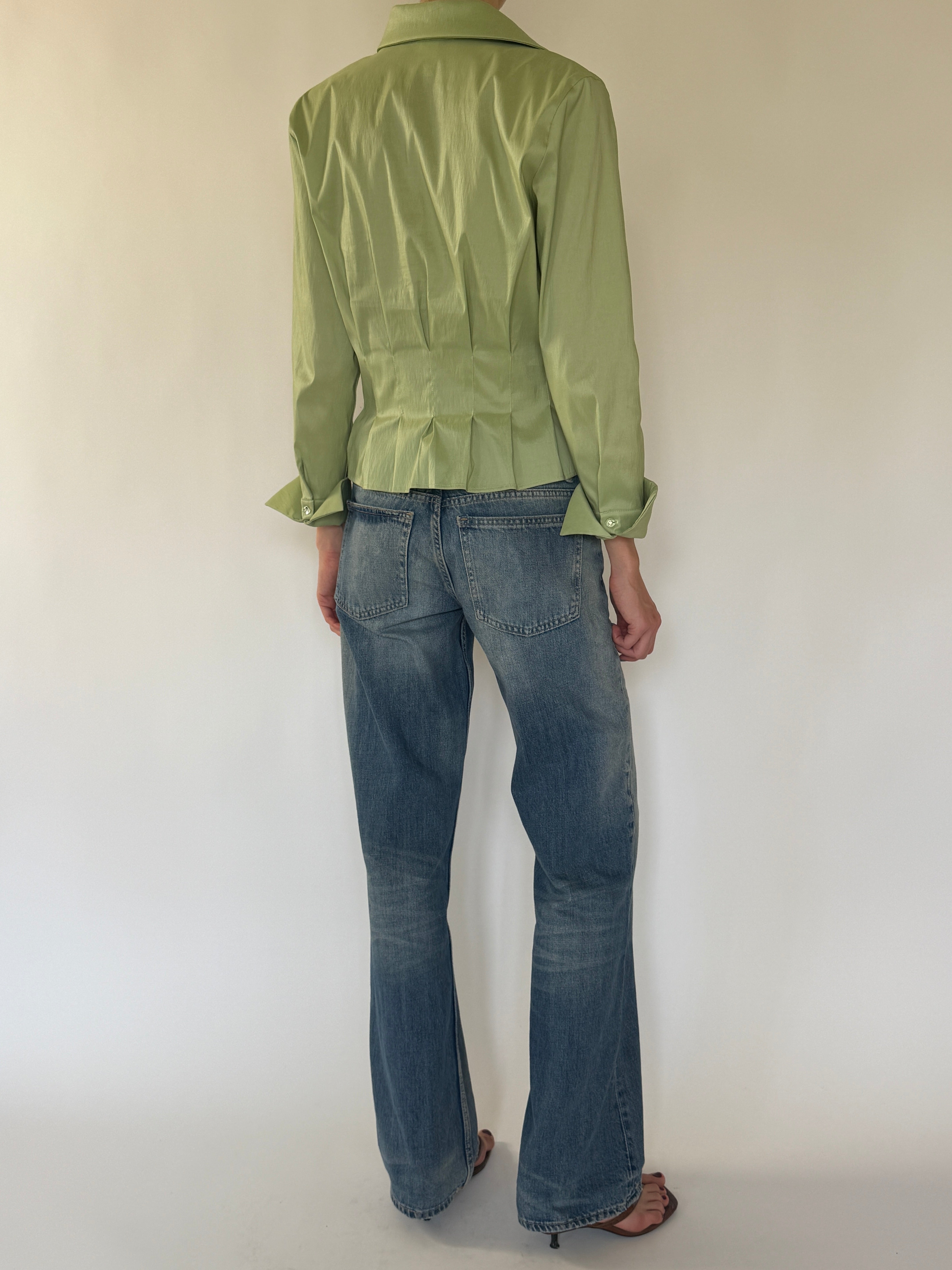 Vintage sage green satin blouse back view