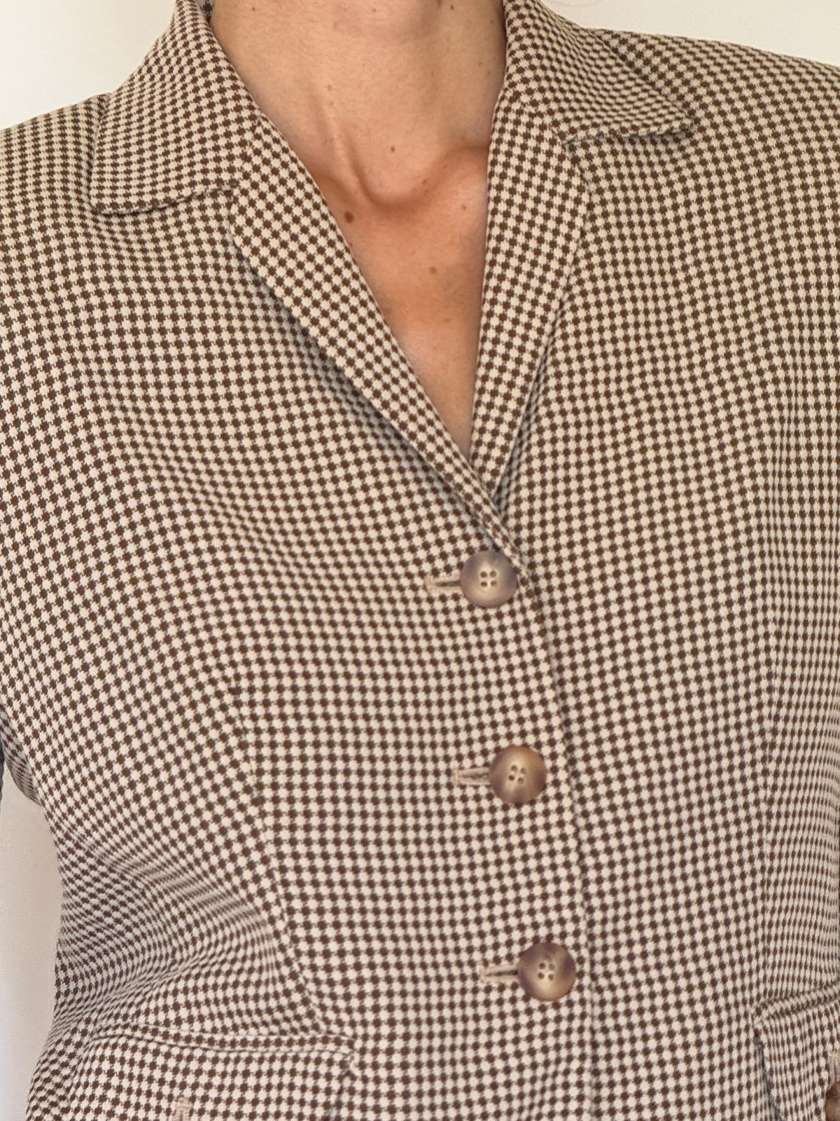 Vintage Small Brown & Cream Houndstooth Blazer 8246
