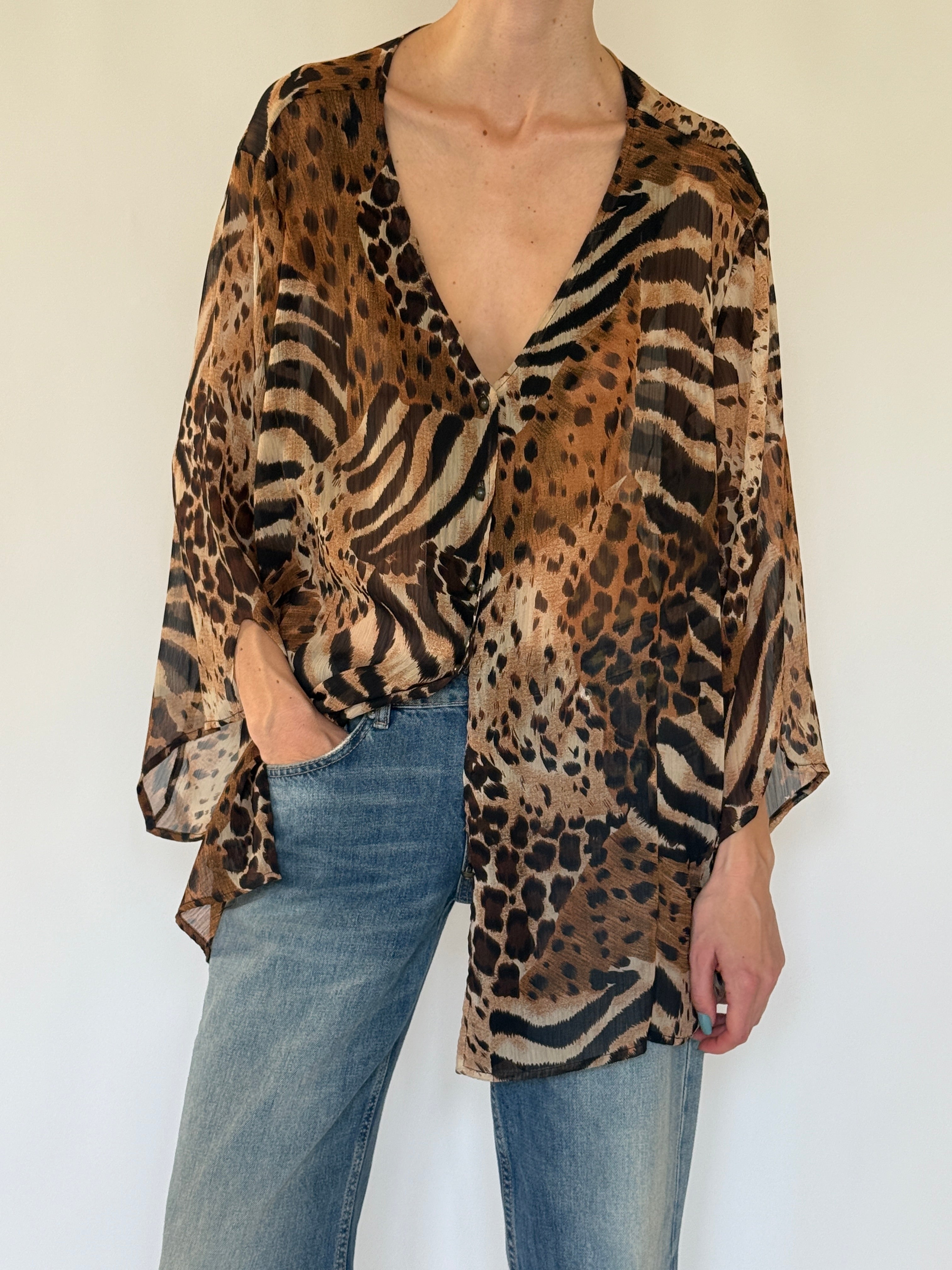 Vintage sheer animal print blouse front view