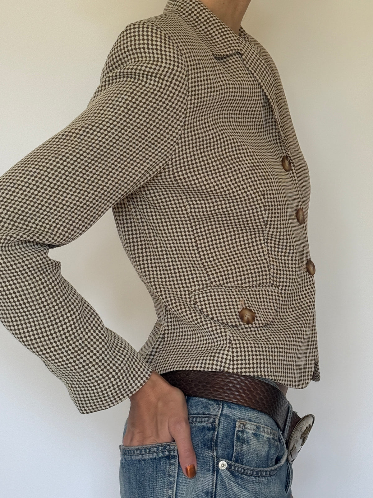 Vintage Small Brown & Cream Houndstooth Blazer 8246