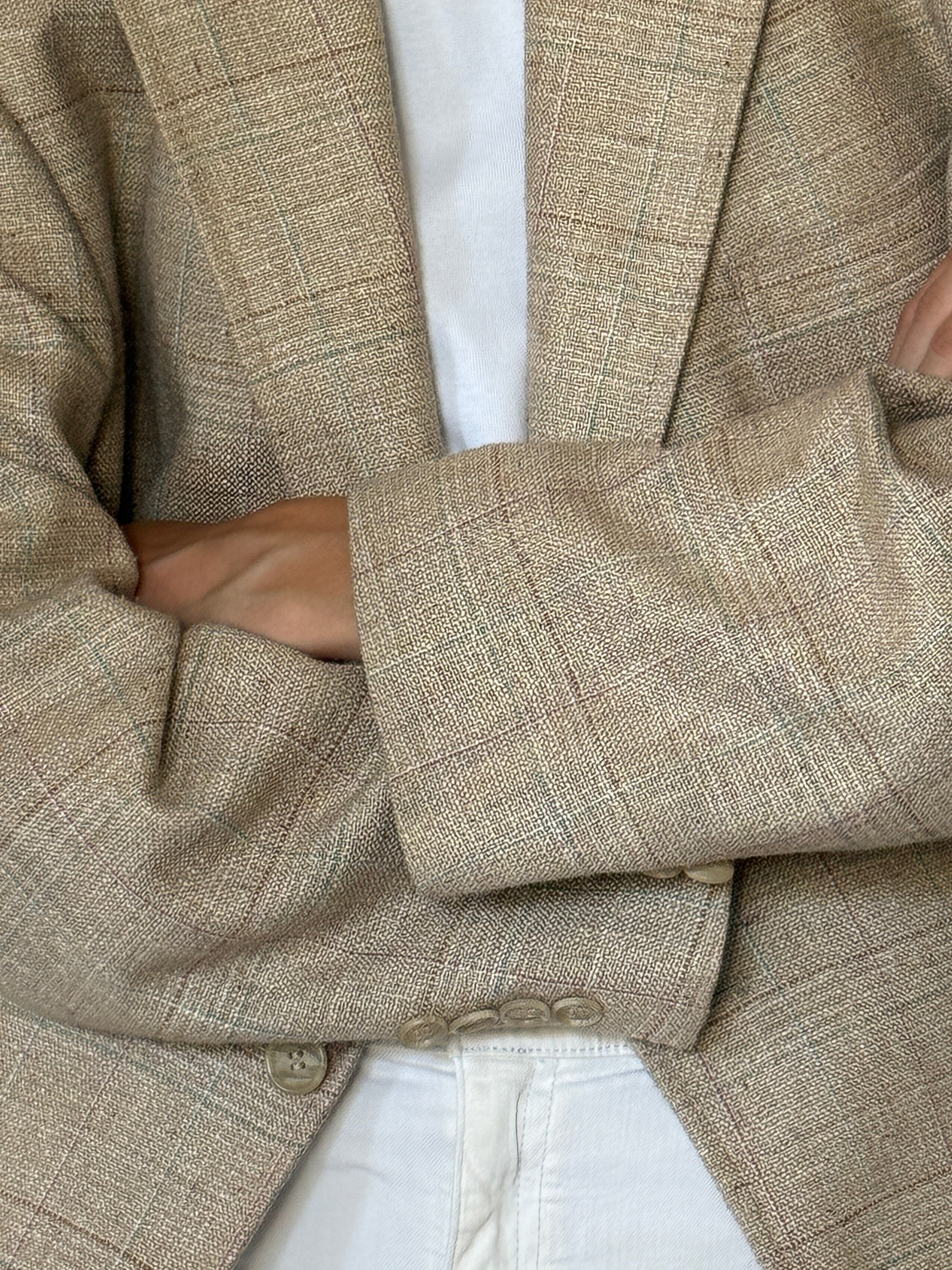 Vintage Oversized Checked Single-Breasted Blazer Beige