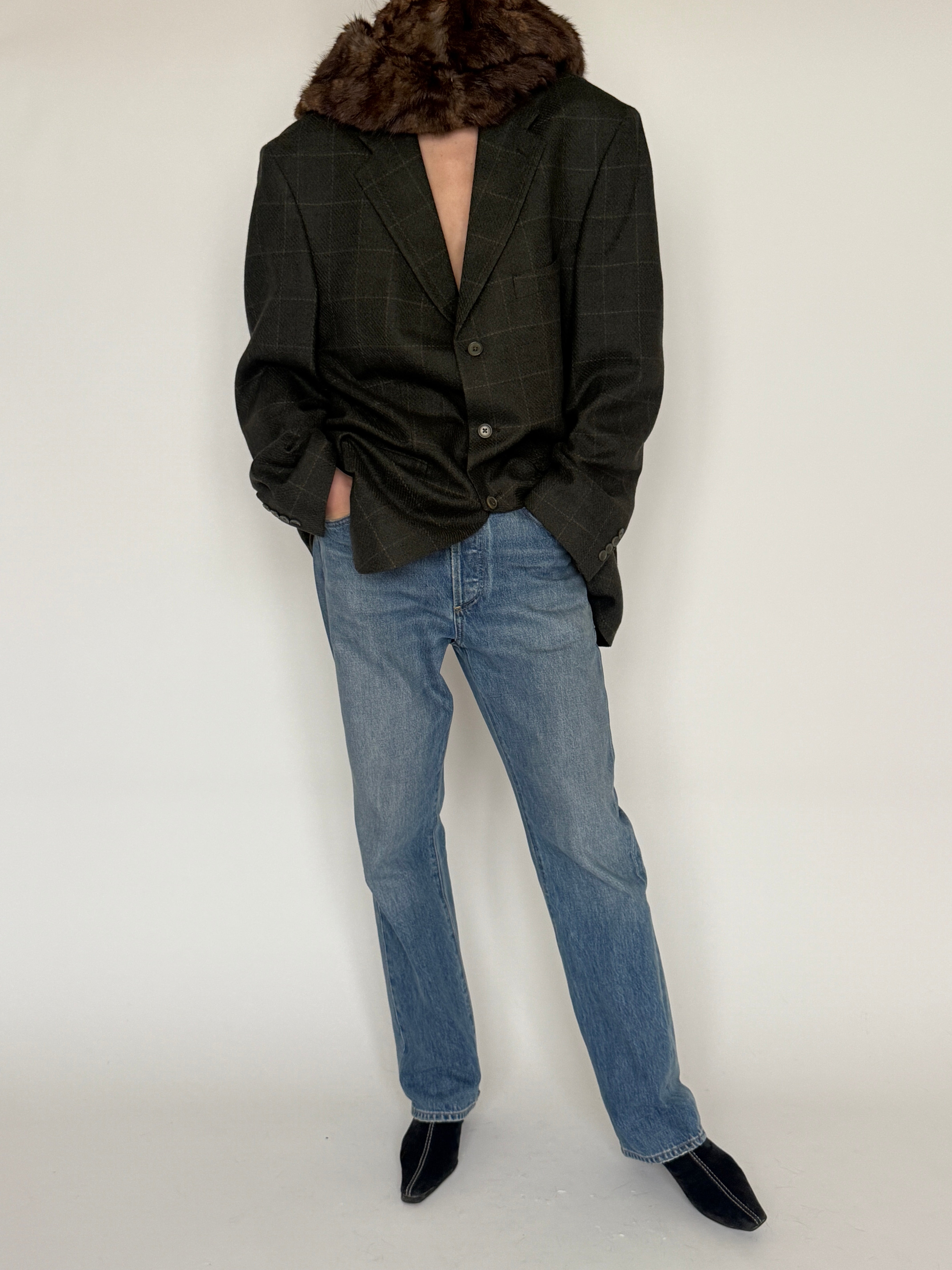 Vintage olive brown plaid oversized blazer front view