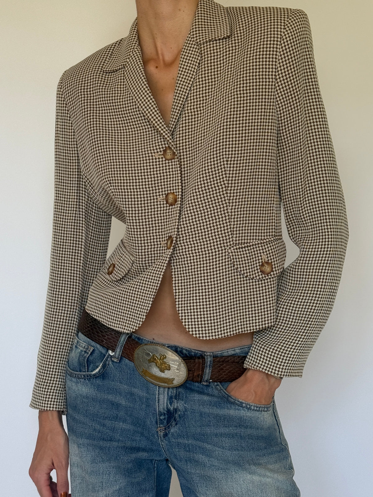 Vintage Small Brown & Cream Houndstooth Blazer 8246